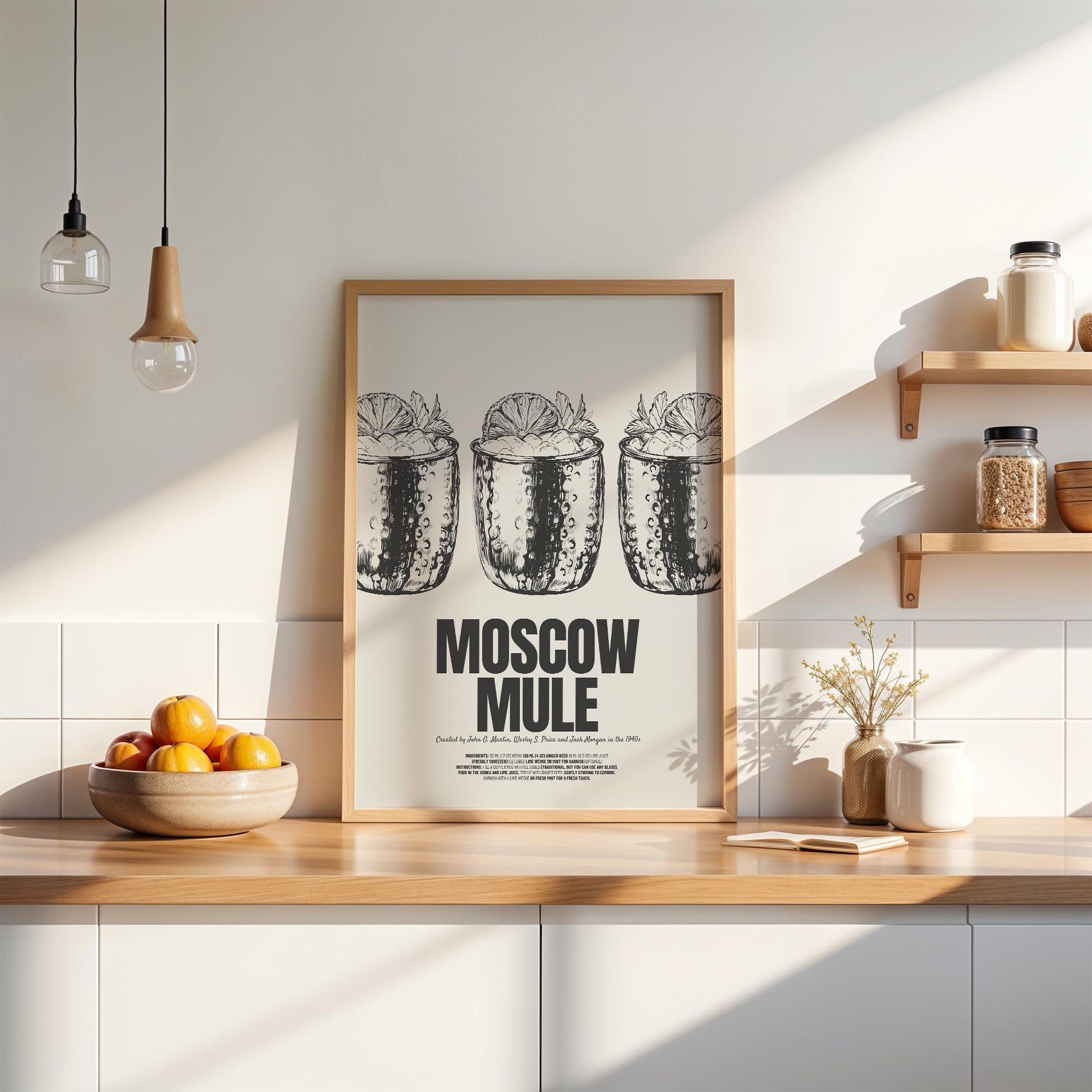 Moscow Mule Poster | Pencil Sketch with Classic Recipe | Black & White Wall Decor for Bar, Kitchen or Living Room | Gift for Cocktail Lovers