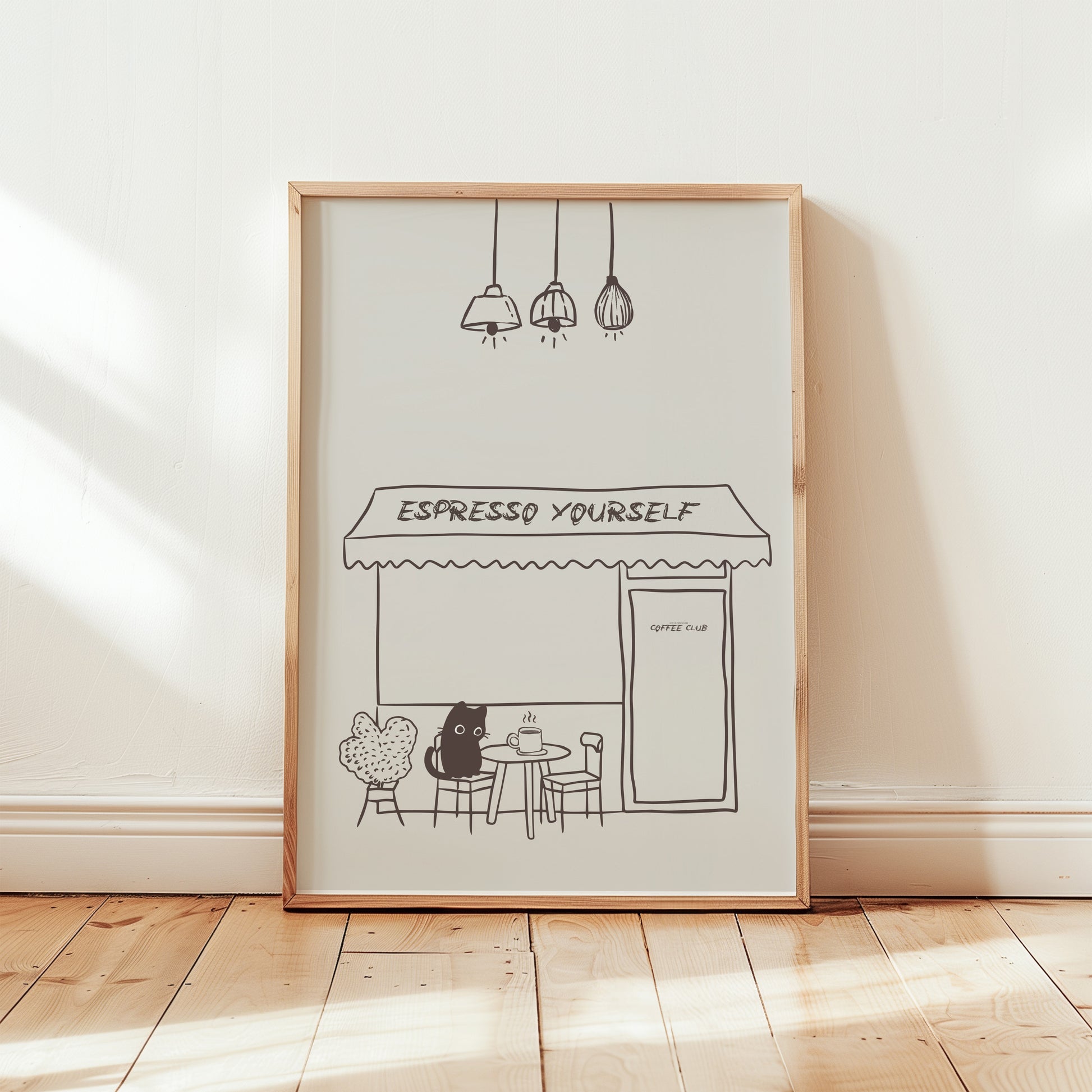 Coffee Poster | "Espresso Yourself" Illustration | Little Cat Drinking Caffe | Minimalist Art Print | Café Wall Decor, Coffee Lover Gift