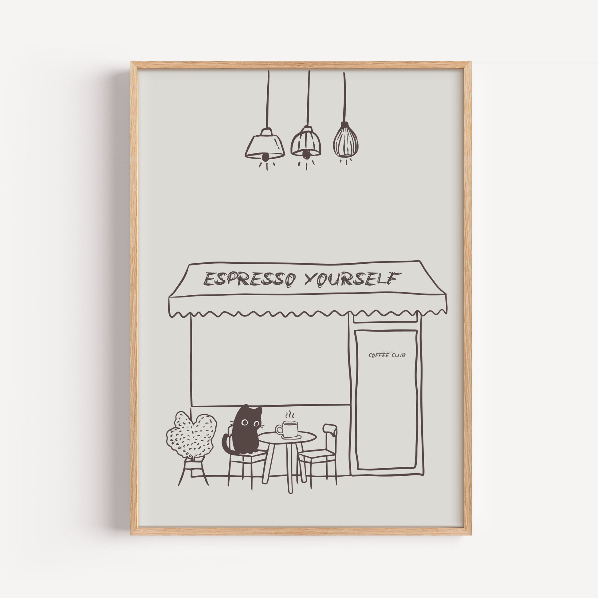 Coffee Poster | "Espresso Yourself" Illustration | Little Cat Drinking Caffe | Minimalist Art Print | Café Wall Decor, Coffee Lover Gift