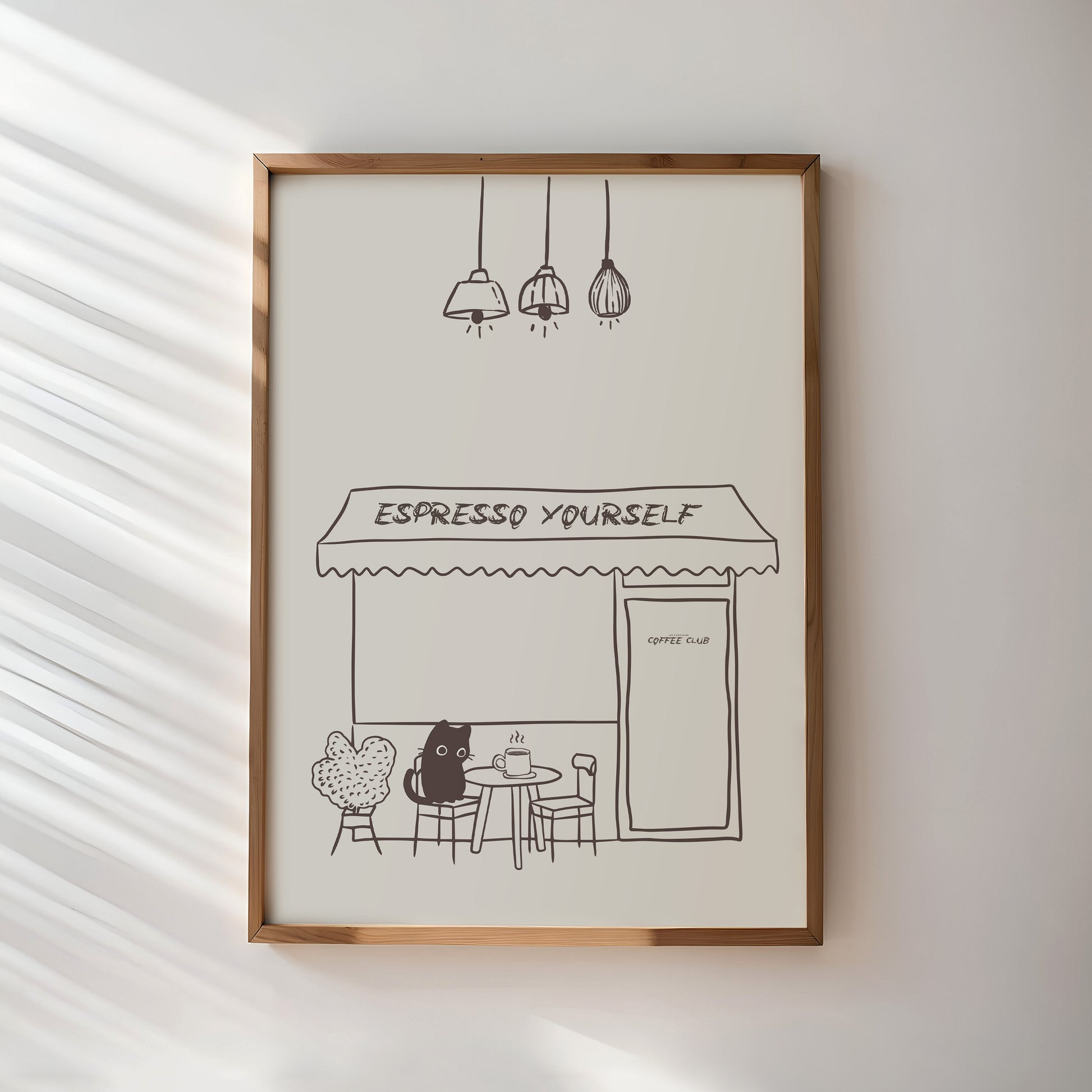 Coffee Poster | "Espresso Yourself" Illustration | Little Cat Drinking Caffe | Minimalist Art Print | Café Wall Decor, Coffee Lover Gift