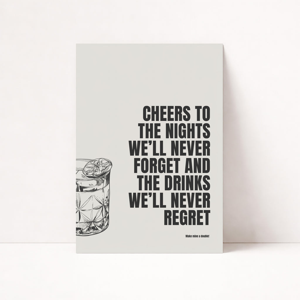 Cheers To The Nights Poster mit Cocktail Glas Illustration und schwarzer Typografie im Retro Stil