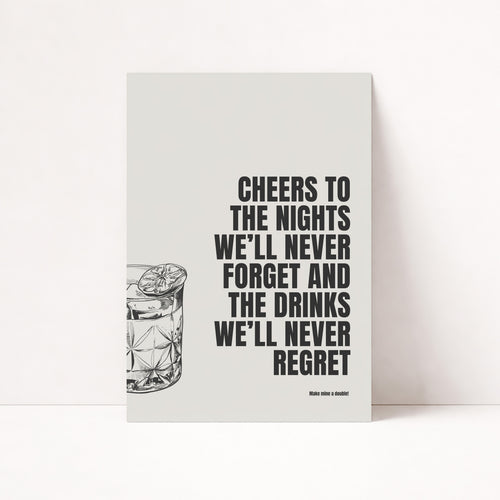 Cheers To The Nights Poster mit Cocktail Glas Illustration und schwarzer Typografie im Retro Stil