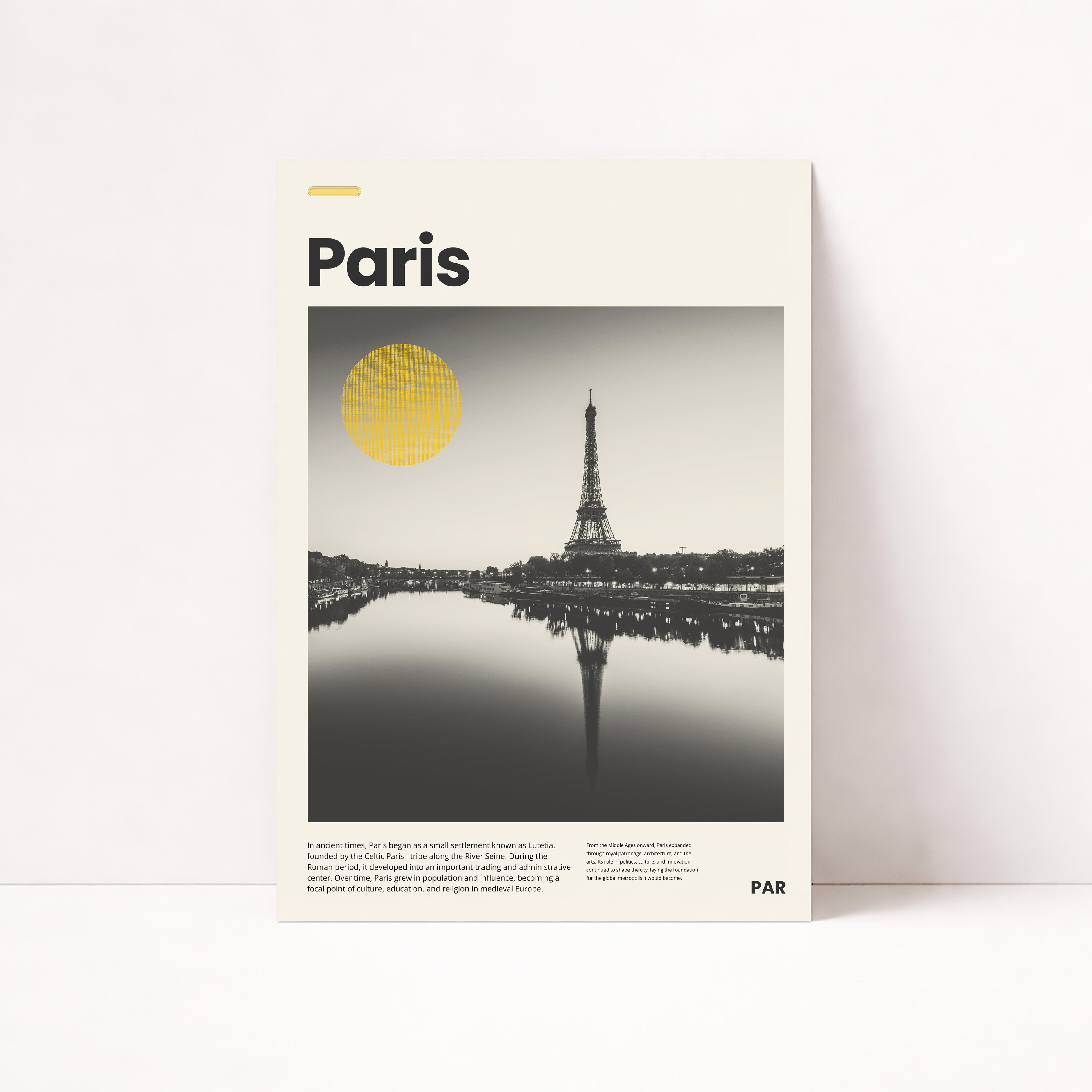 Paris Poster mit Eiffelturm in Schwarz-Weiß-Fotografie und modernem Editorial Design

Elegantes Paris Wandbild mit Blick auf den Eiffelturm und stilvollem Stadtmotiv

Französisches Reiseposter mit Eiffelturm als moderne Wanddeko für Wohnräume

Schwarz-Weiß Paris Poster mit ikonischer Architektur und urbanem Flair

Modernes Paris City Poster mit Eiffelturm und minimalistischer Gestaltung