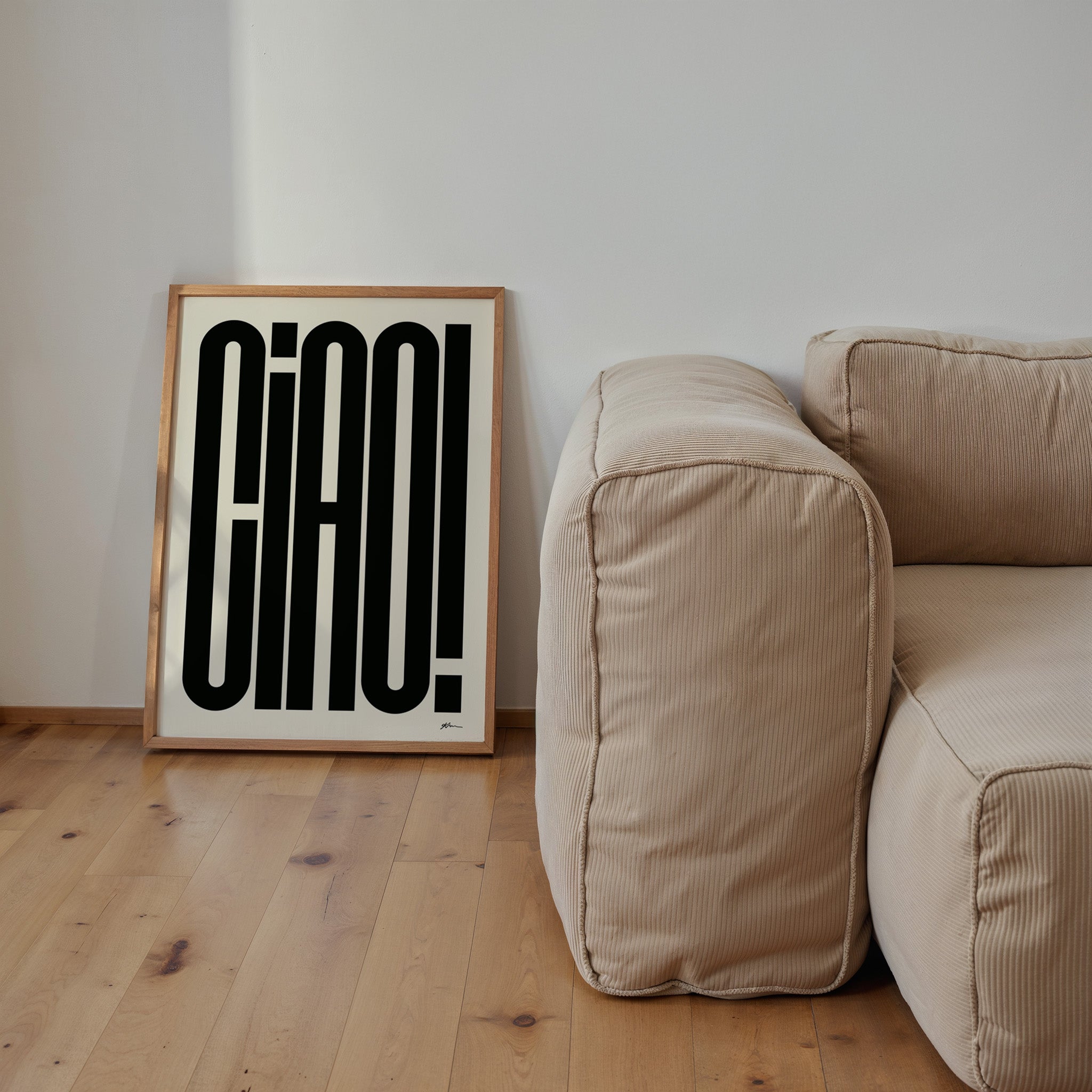 Modernes Ciao Poster mit auffälliger schwarzer Typografie auf hellem Hintergrund

Minimalistisches Typografie Poster mit dem Schriftzug Ciao im Retro Design