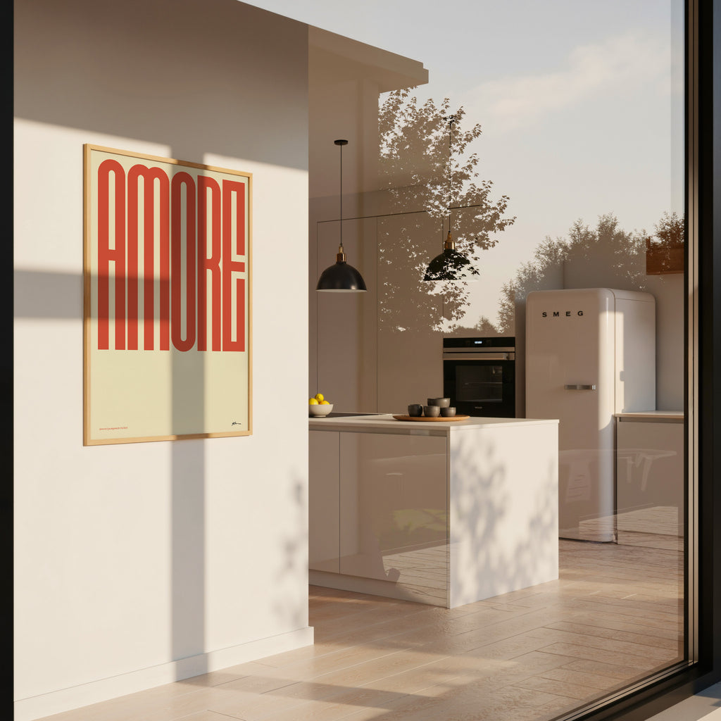 Modernes Amore Poster mit auffälliger Typografie im Retro Stil für Wohnzimmer und Schlafzimmer

Typografie Wandbild mit dem Schriftzug Amore in warmen Rot- und Cremetönen

Minimalistisches Amore Poster als moderne Wanddeko mit italienischem Flair

Retro Typografie Poster mit großem Amore Schriftzug für stilvolle Wohnräume

Elegantes Statement Poster mit Amore Typografie im modernen Interior Design