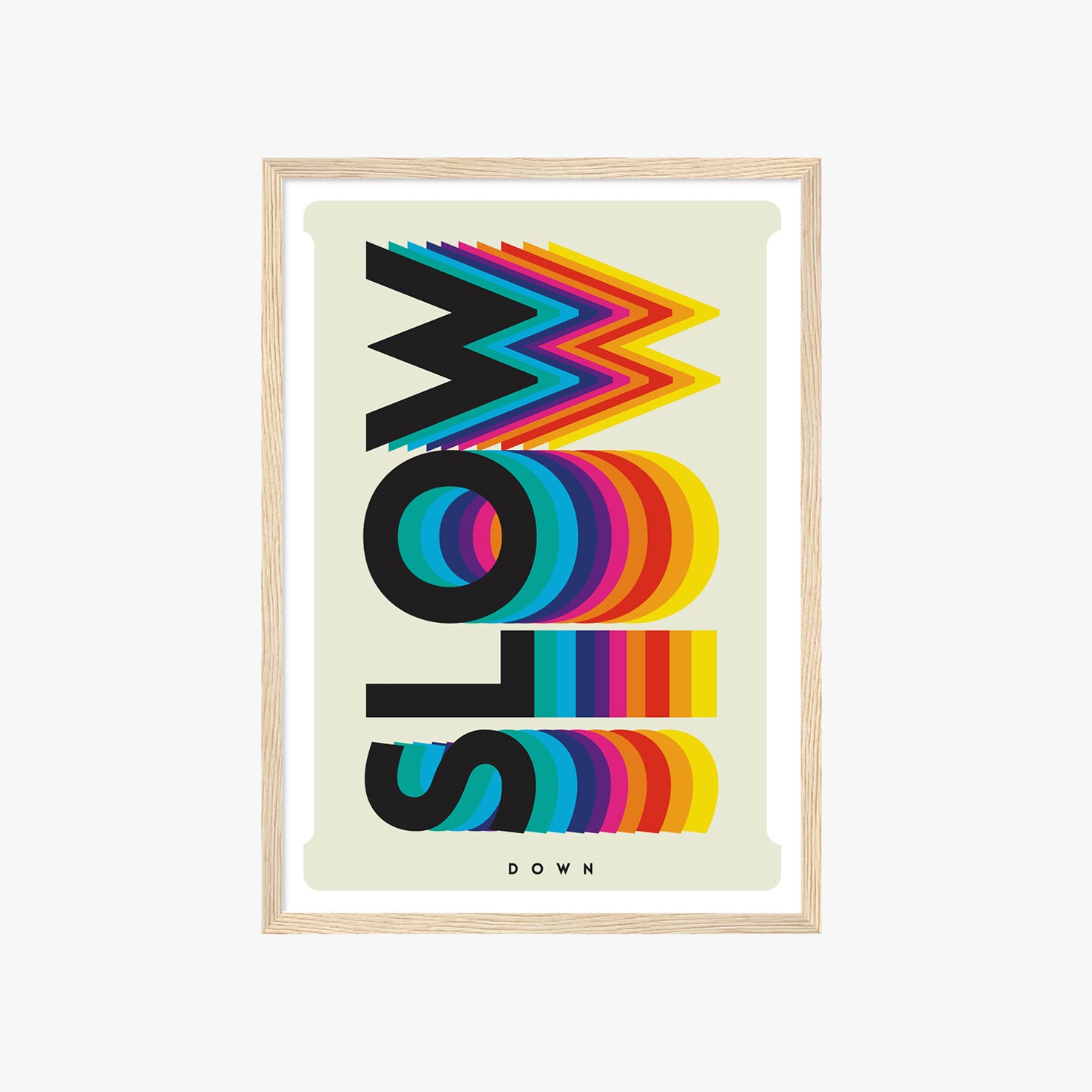 Retro Typografie Poster mit Schriftzug Slow Down in bunten Farben – moderne Wanddeko für Wohnzimmer oder Büro