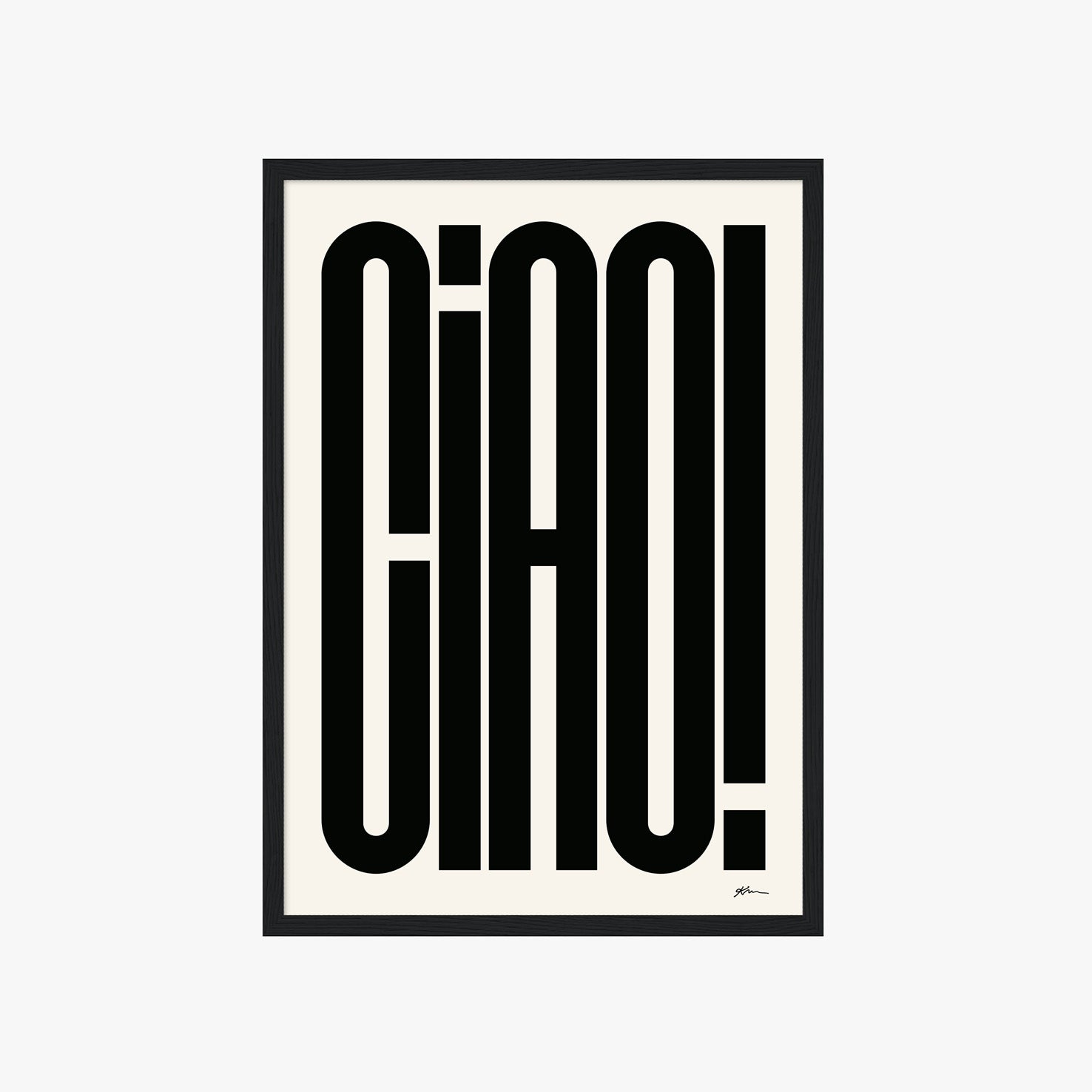 Modernes Ciao Poster mit auffälliger schwarzer Typografie auf hellem Hintergrund

Minimalistisches Typografie Poster mit dem Schriftzug Ciao im Retro Design