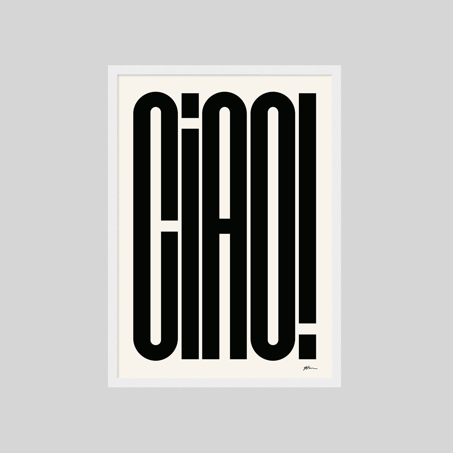 Modernes Ciao Poster mit auffälliger schwarzer Typografie auf hellem Hintergrund

Minimalistisches Typografie Poster mit dem Schriftzug Ciao im Retro Design