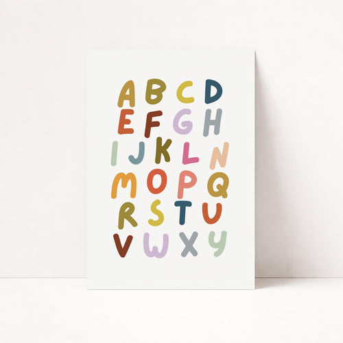 Farbenfrohes ABC Lernposter mit bunten Buchstaben – modernes Wandbild für Kinderzimmer und Spielzimmer