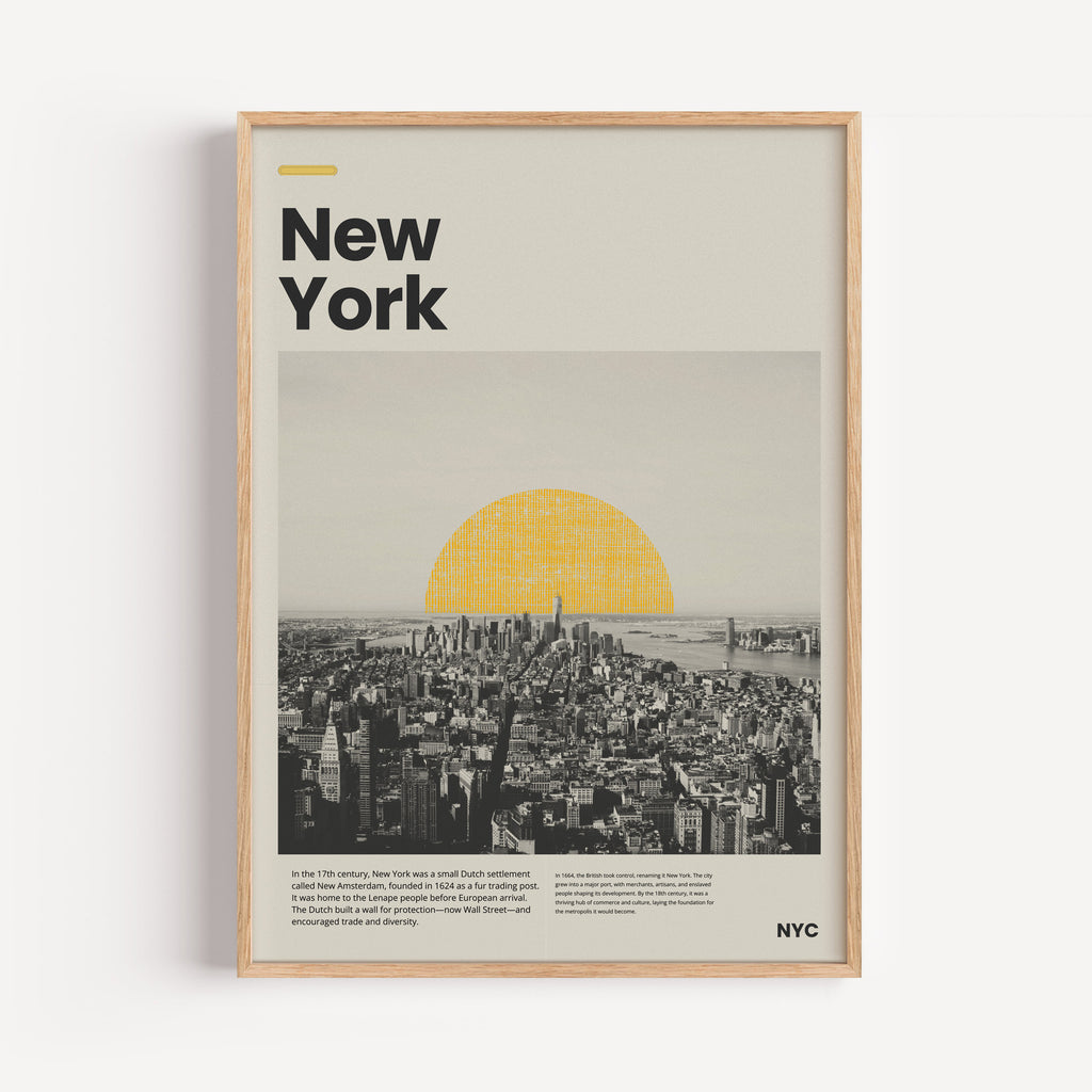 Zeitloses Städteposter mit NYC Skyline und modernem Design-Kontrast