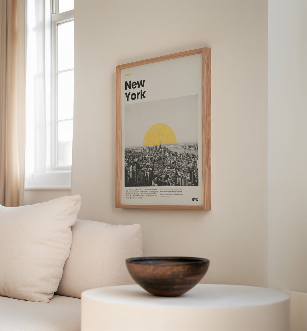 Stilvolle Manhattan Skyline als Kunstdruck in Schwarz-Weiß mit Goldakzent