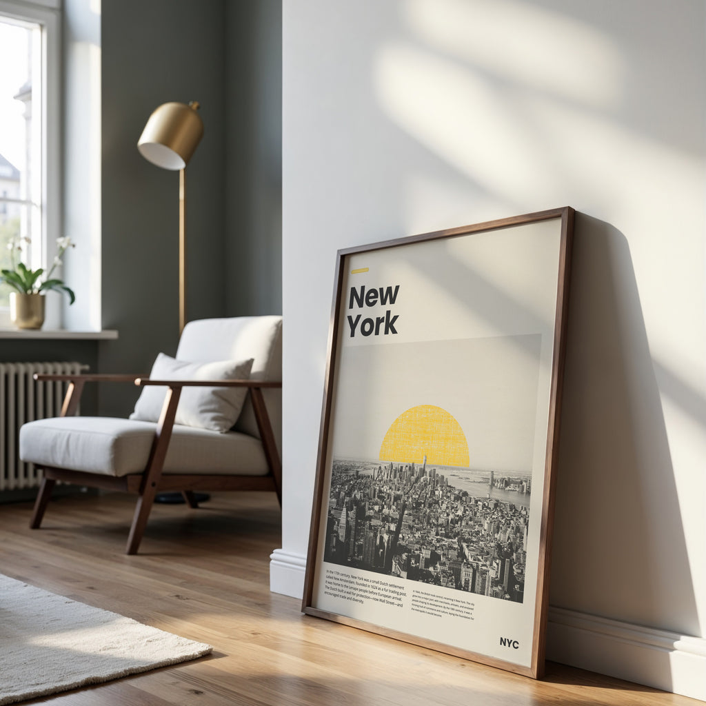 Urbanes Wandbild von New York City mit halbkreisförmiger Sonne am Horizont
