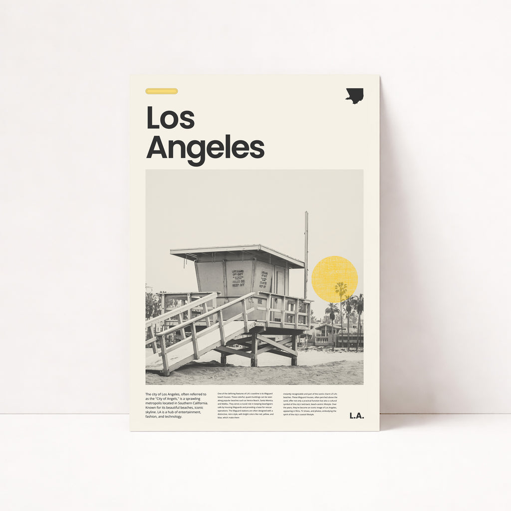 Los Angeles Poster mit Lifeguard Turm am Strand im Retro Design

Schwarzweiß Los Angeles Wandbild mit Palmen und gelber Sonne

California Beach Poster mit Lifeguard Station und Palmen