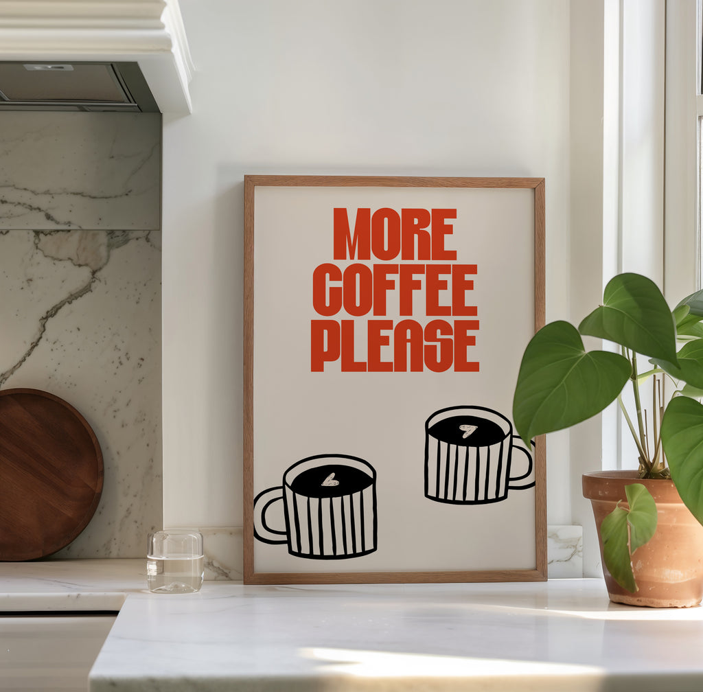 Typografie Poster mit Kaffee Motiv und orangefarbener Schrift – stylisches Wandbild für Café oder Zuhause