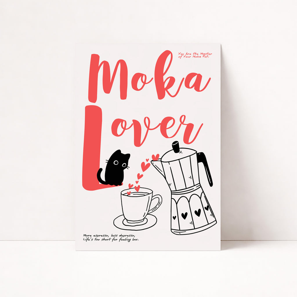 Moka Love Poster mit Espressokanne und Tasse – stilvolle Kaffee Wanddeko für Küche oder Café