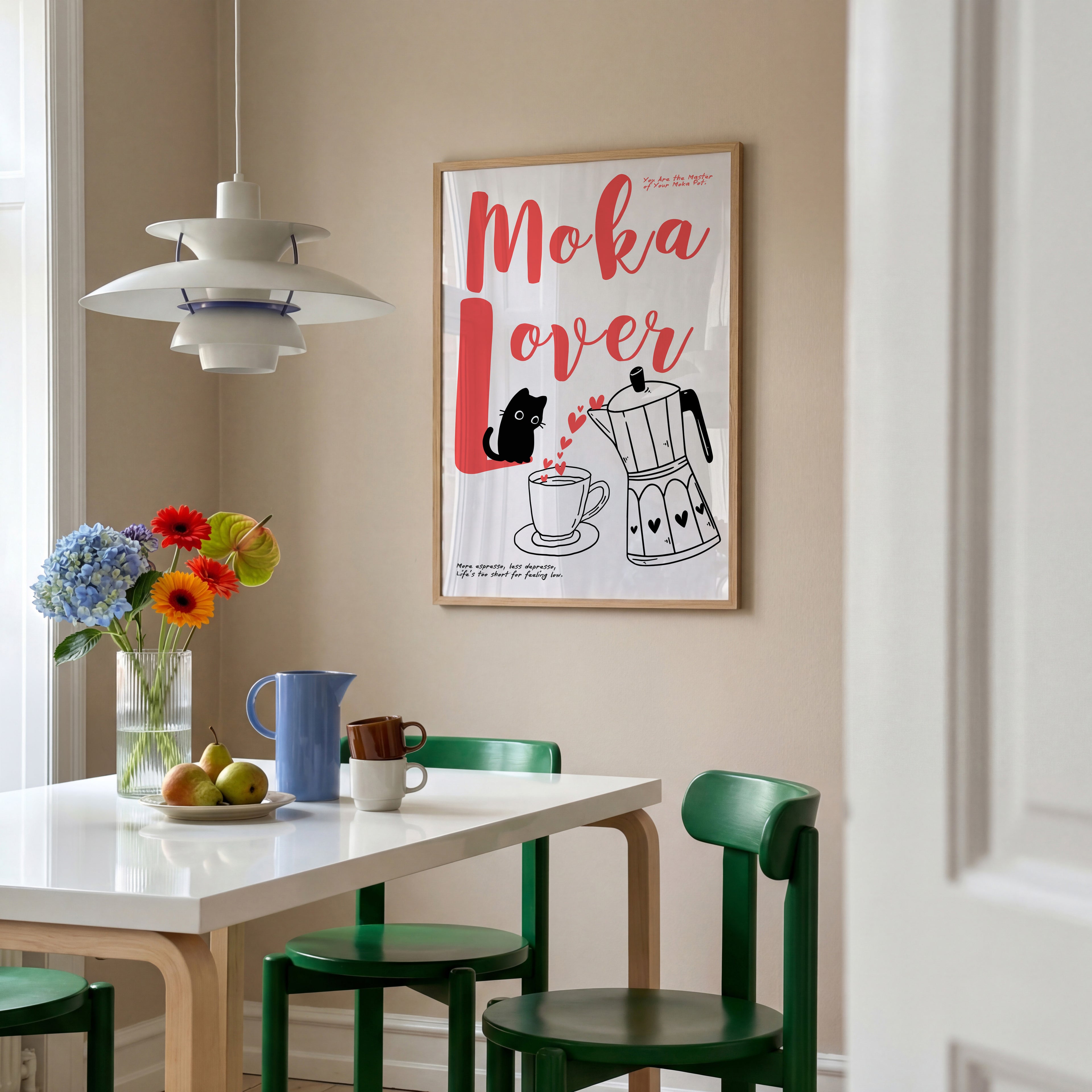 Retro Kaffee Poster mit Espressokanne und Herzdetails – dekorativer Kunstdruck für Küchenwand

Minimalistisches Coffee Poster mit Moka Pot Illustration – stilvolle Wanddeko für Barista Küche