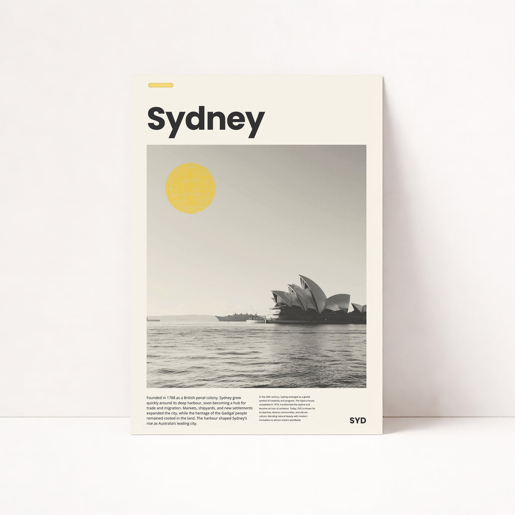 Sydney Poster mit Opera House und gelber Sonne im Retro-Design