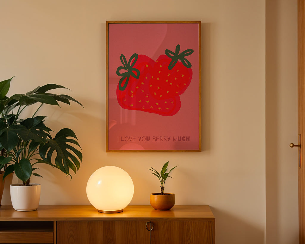 Retro Erdbeeren Poster mit Schriftzug „I love you berry much“ – moderne Wanddeko für Küche oder Wohnzimmer
