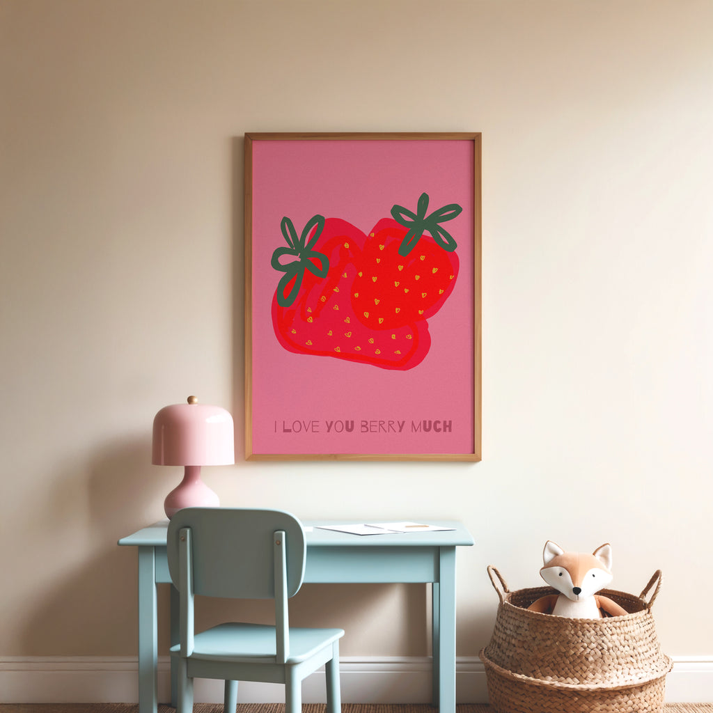 Retro Erdbeeren Poster mit Schriftzug „I love you berry much“ – moderne Wanddeko für Küche oder Wohnzimmer
