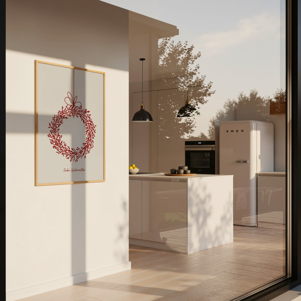 FROHE WEIHNACHTEN KRANZ POSTER – FESTLICHES WANDBILD & MODERNE KUNST