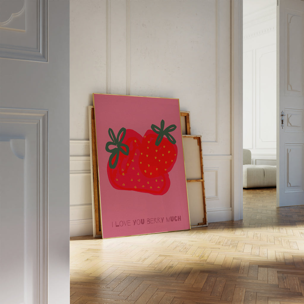 Retro Erdbeeren Poster mit Schriftzug „I love you berry much“ – moderne Wanddeko für Küche oder Wohnzimmer
