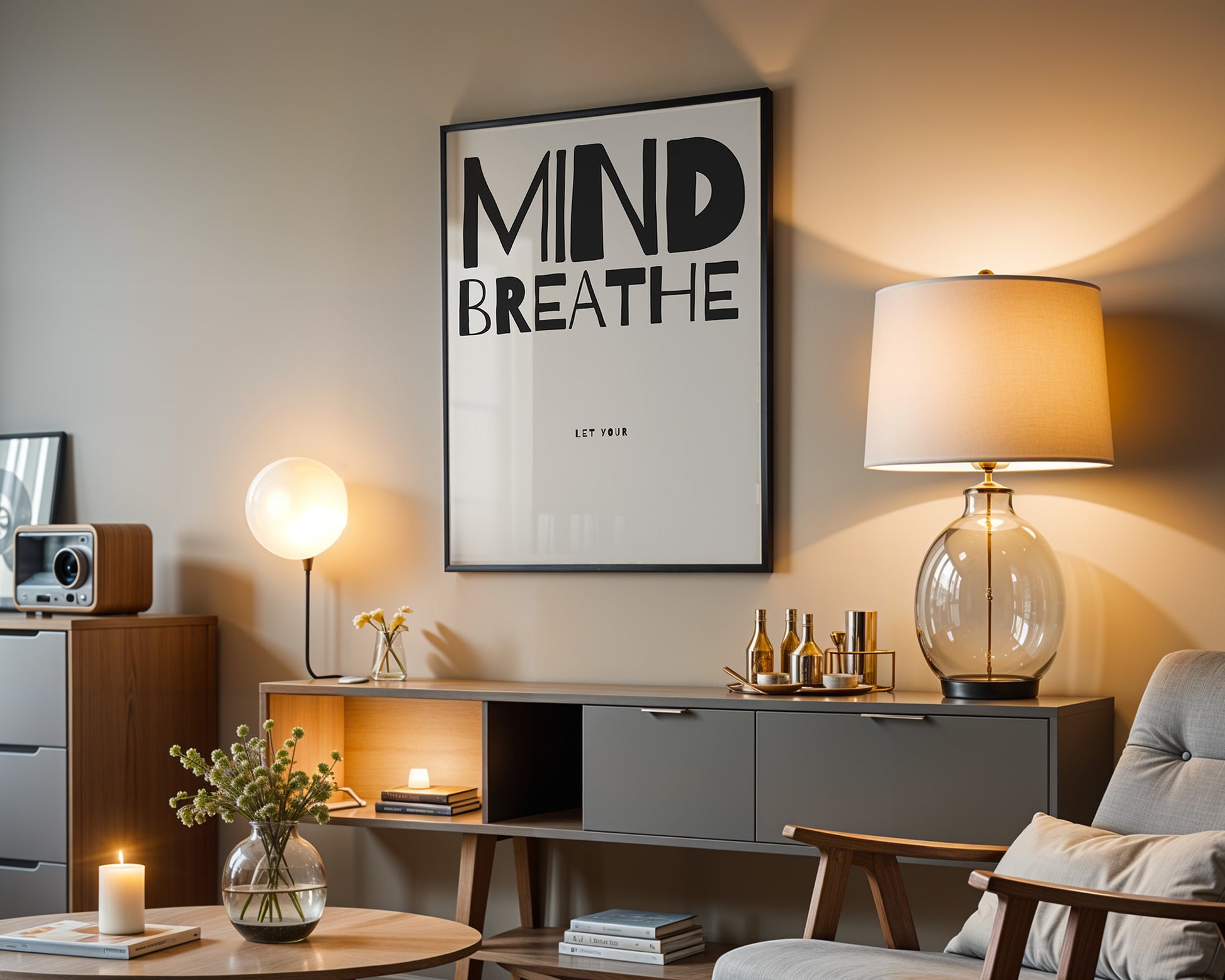 Motivational Poster | Minimalist Wall Art | Mind Breathe Print | Mindfulness Decor | Stress Relief Art