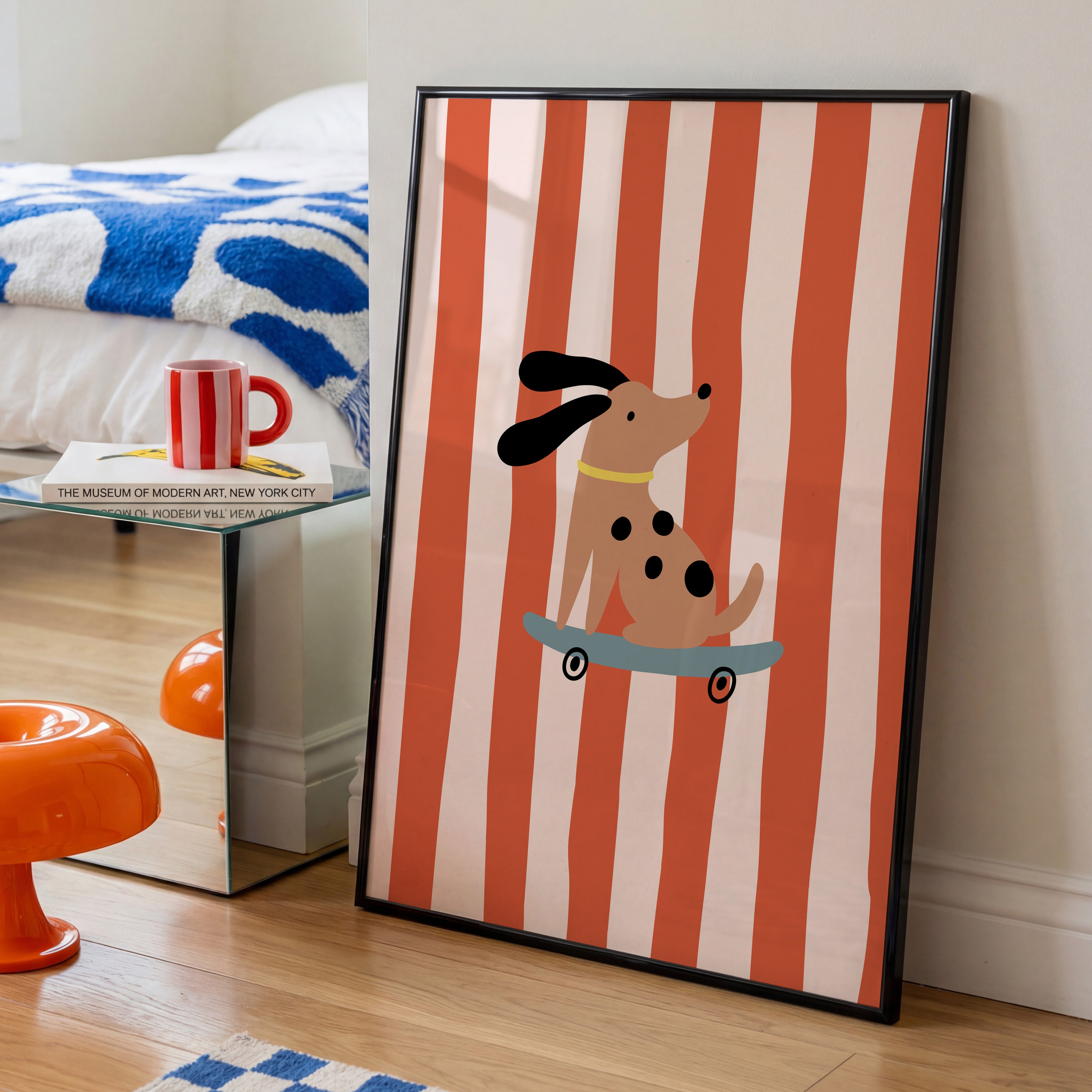 Minimalistisches Dackel Poster mit Skateboard Motiv im Retro Stil – stilvolle Wandkunst für Spielzimmer oder Babyzimmer