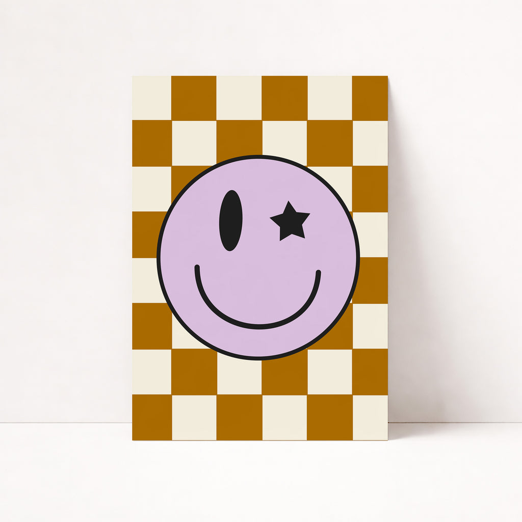 Retro Smiley Poster mit Stern Auge und Checkered Muster – verspielte Wandkunst für moderne Räume