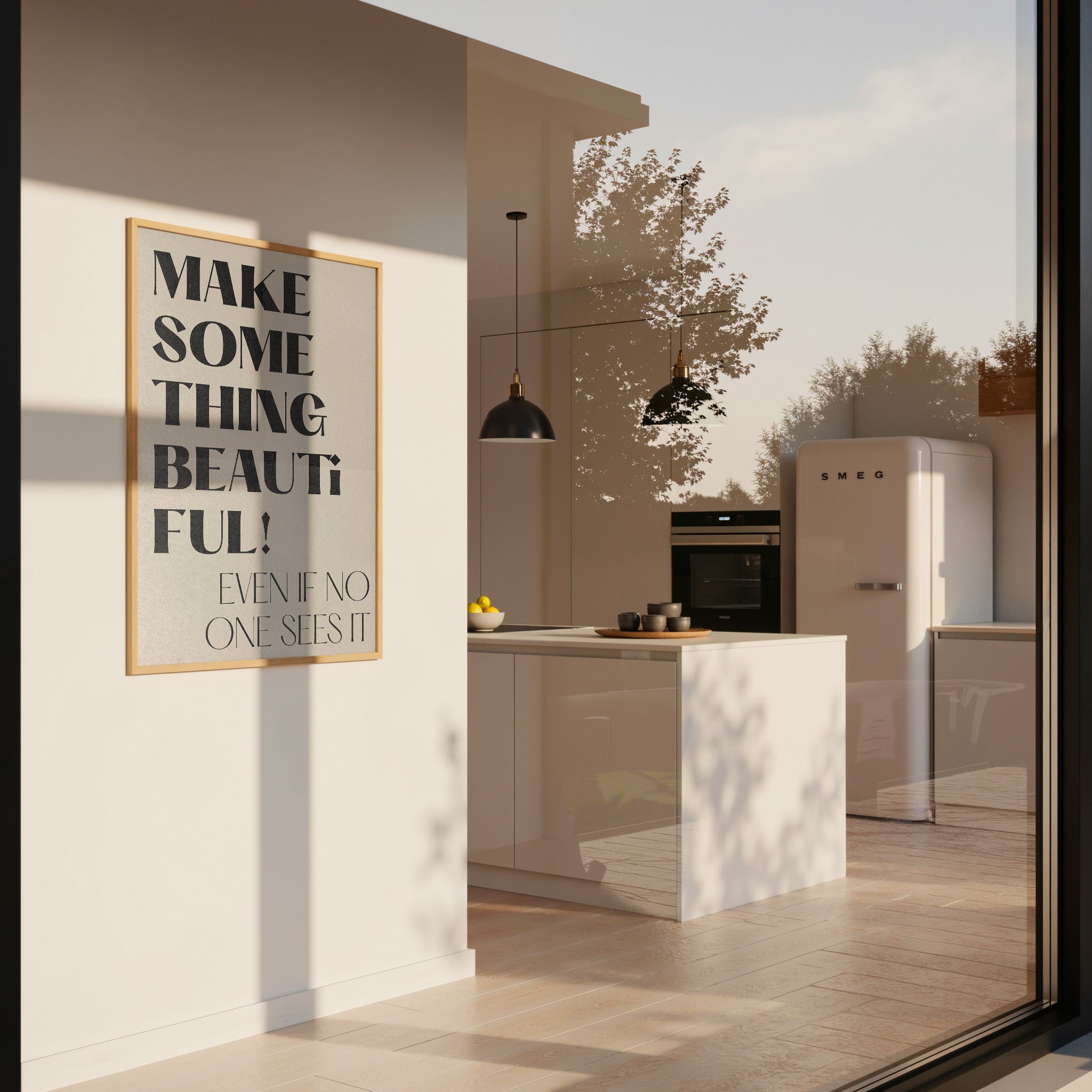 Minimalistisches Typografie Poster mit Schriftzug Make Something Beautiful – moderne Wanddeko für Wohnzimmer oder Home Office