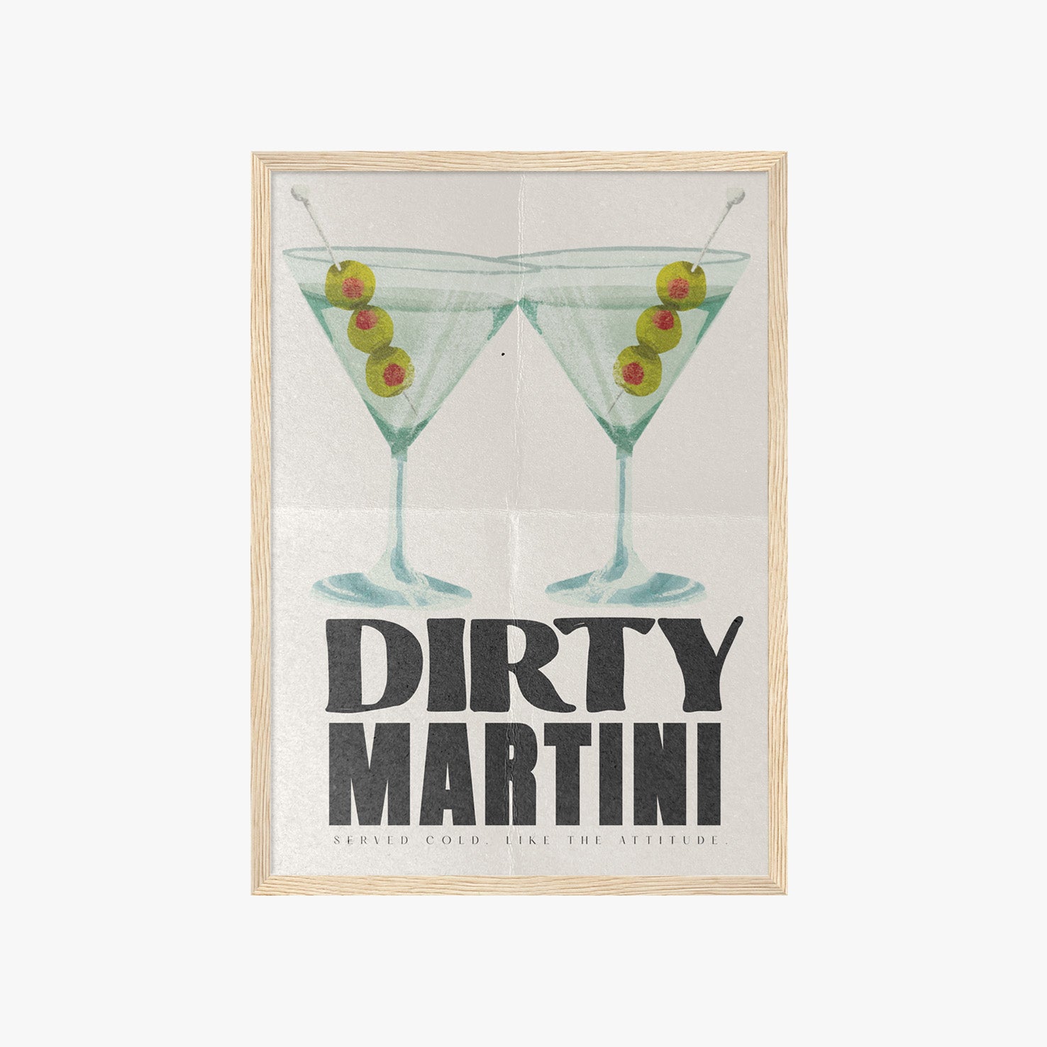 Modernes Dirty Martini Poster mit Cocktail Illustration und Retro Typografie für Home Bar
Stilvolles Martini Wandbild mit grünen Oliven im minimalistischen Vintage Design
Cocktail Poster im Mid Century Stil für Küche, Barwagen oder Wohnzimmer