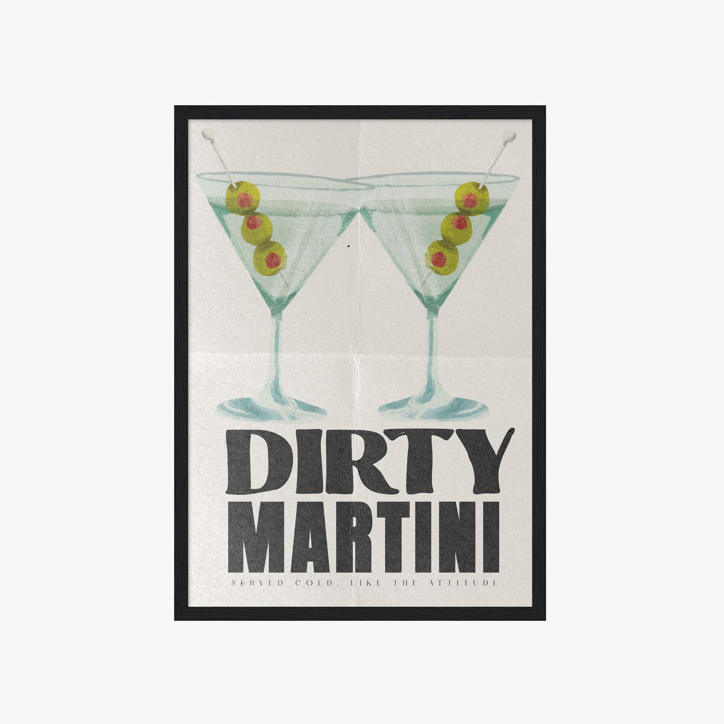 Modernes Dirty Martini Poster mit Cocktail Illustration und Retro Typografie für Home Bar
Stilvolles Martini Wandbild mit grünen Oliven im minimalistischen Vintage Design
Cocktail Poster im Mid Century Stil für Küche, Barwagen oder Wohnzimmer