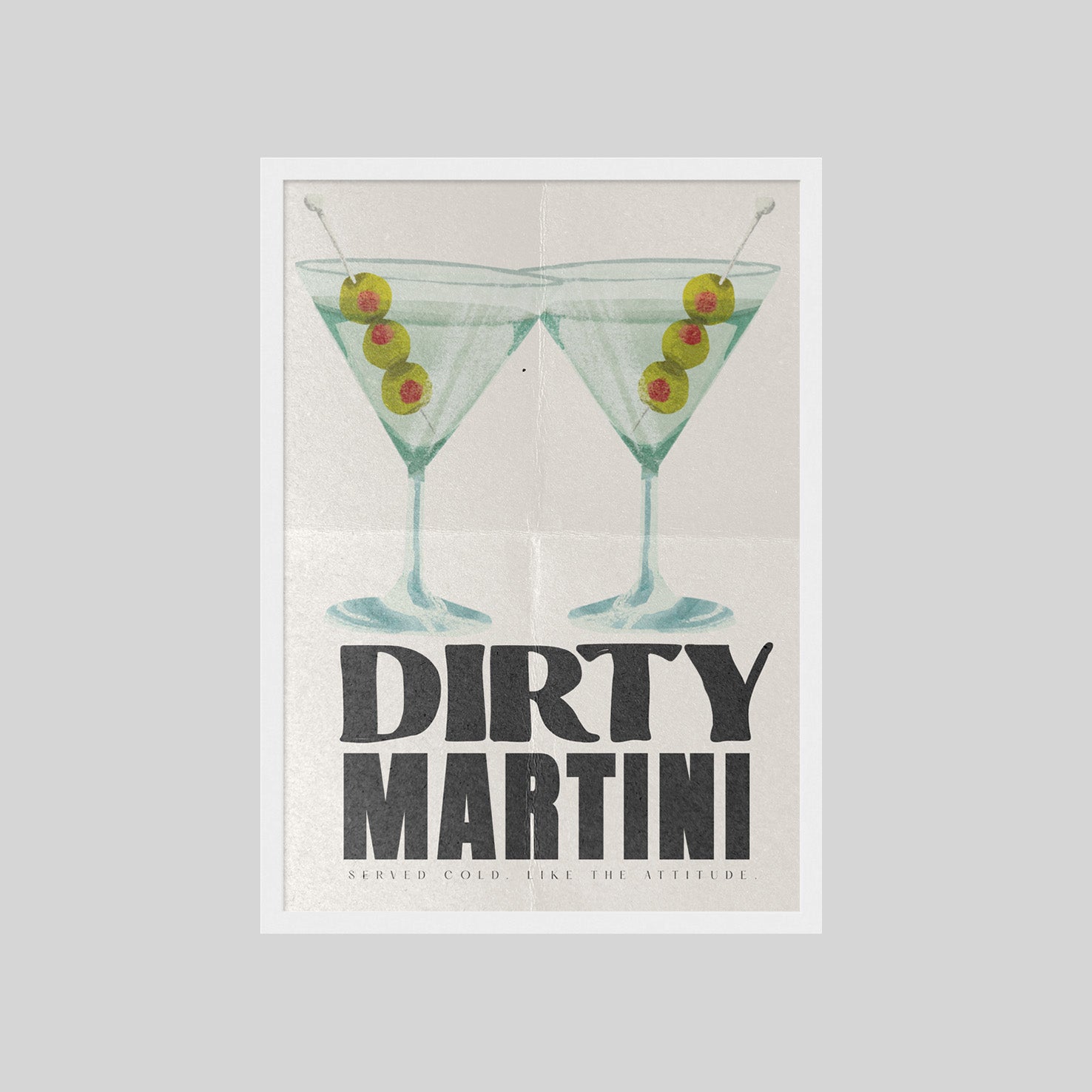 Modernes Dirty Martini Poster mit Cocktail Illustration und Retro Typografie für Home Bar
Stilvolles Martini Wandbild mit grünen Oliven im minimalistischen Vintage Design
Cocktail Poster im Mid Century Stil für Küche, Barwagen oder Wohnzimmer