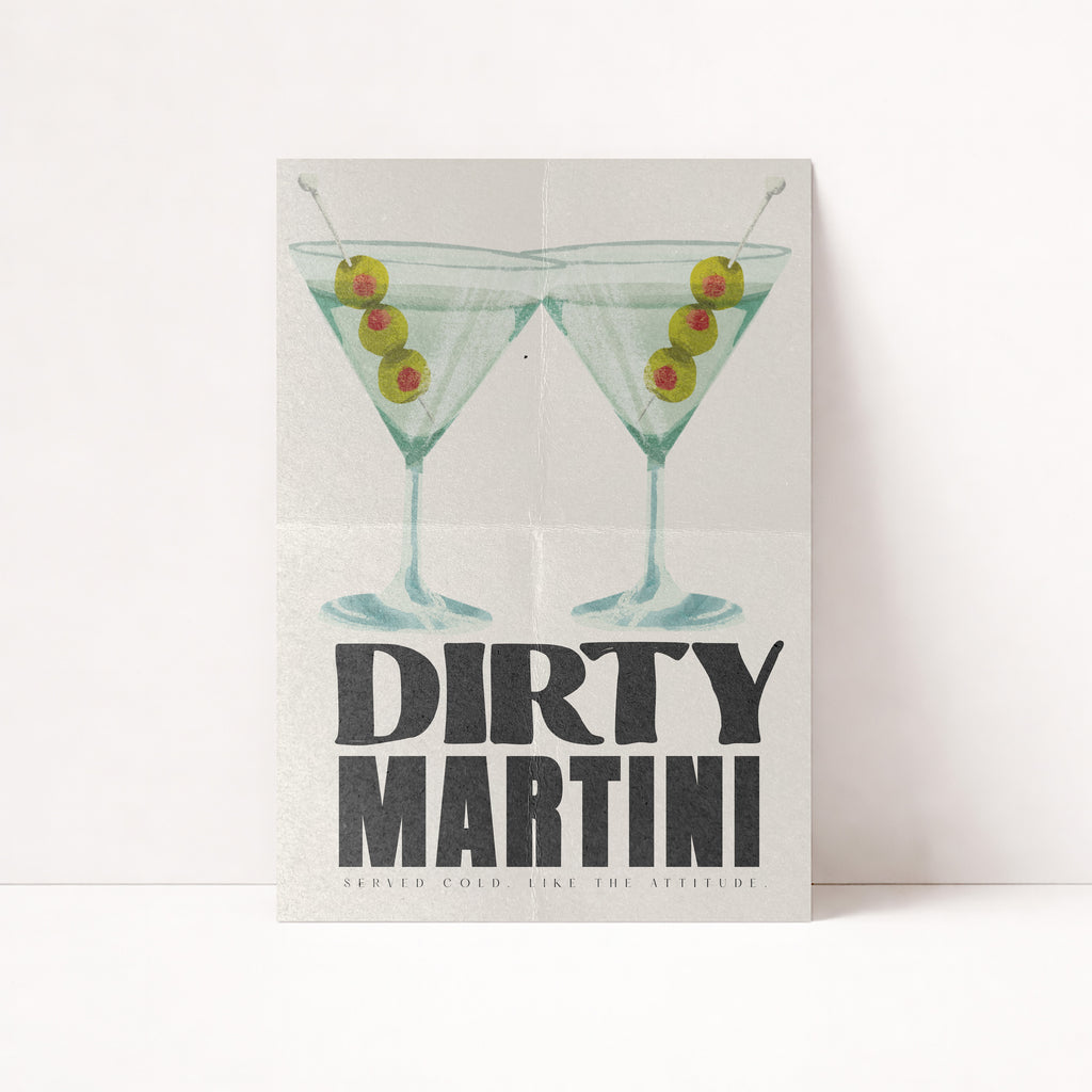 Modernes Dirty Martini Poster mit Cocktail Illustration und Retro Typografie für Home Bar
Stilvolles Martini Wandbild mit grünen Oliven im minimalistischen Vintage Design
Cocktail Poster im Mid Century Stil für Küche, Barwagen oder Wohnzimmer