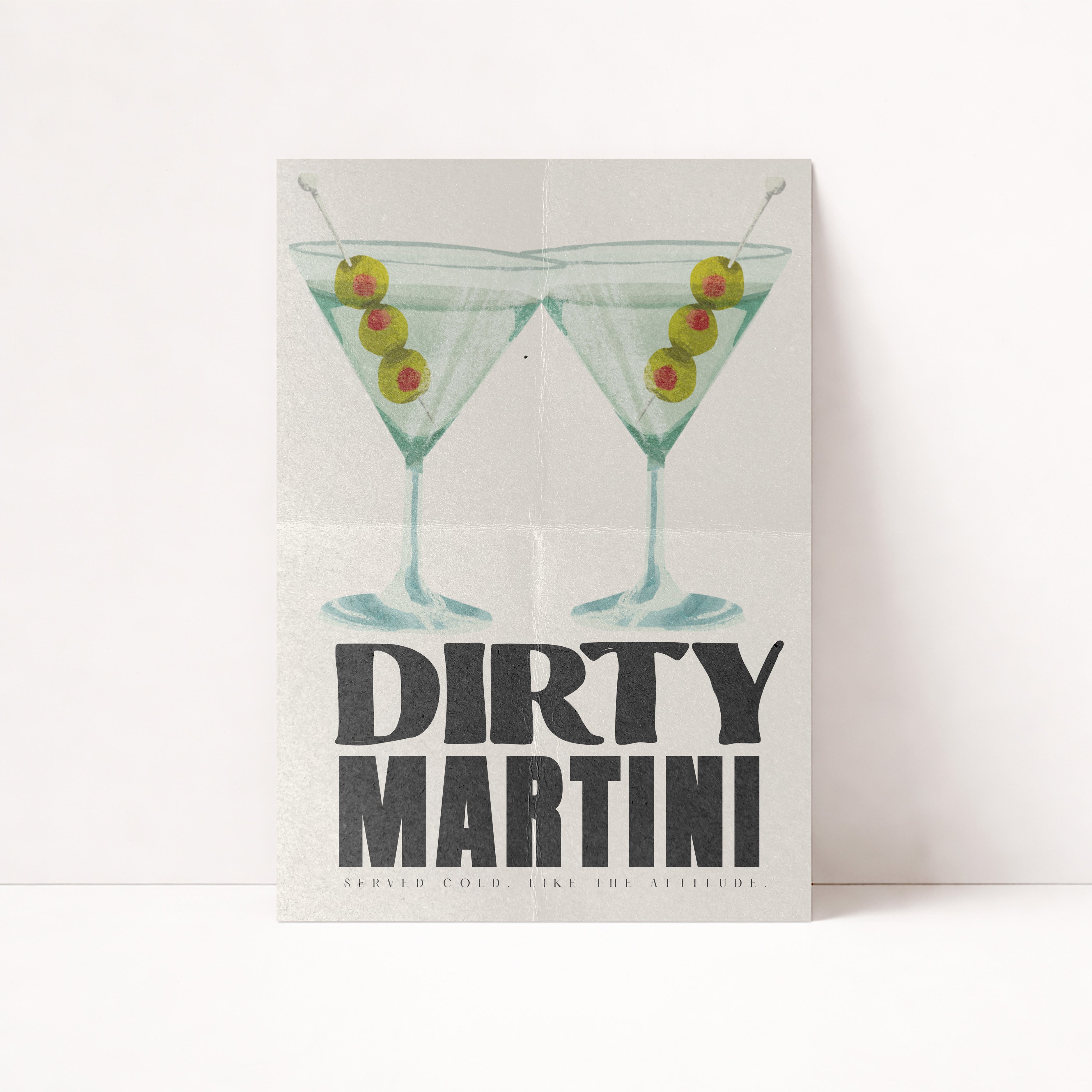 Modernes Dirty Martini Poster mit Cocktail Illustration und Retro Typografie für Home Bar
Stilvolles Martini Wandbild mit grünen Oliven im minimalistischen Vintage Design
Cocktail Poster im Mid Century Stil für Küche, Barwagen oder Wohnzimmer