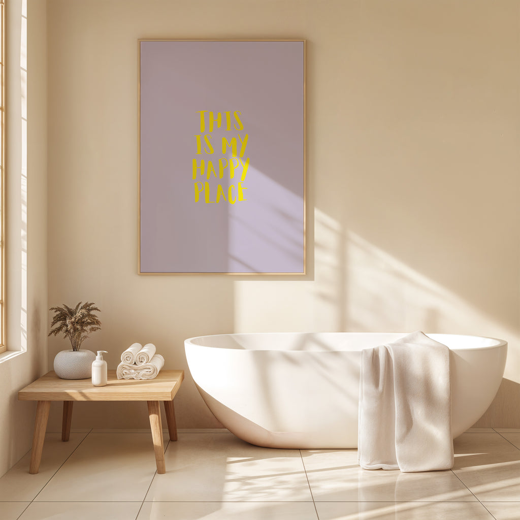 This is my happy place Poster mit gelber Schrift auf pastellfarbenem Hintergrund – modernes Quote Wandbild