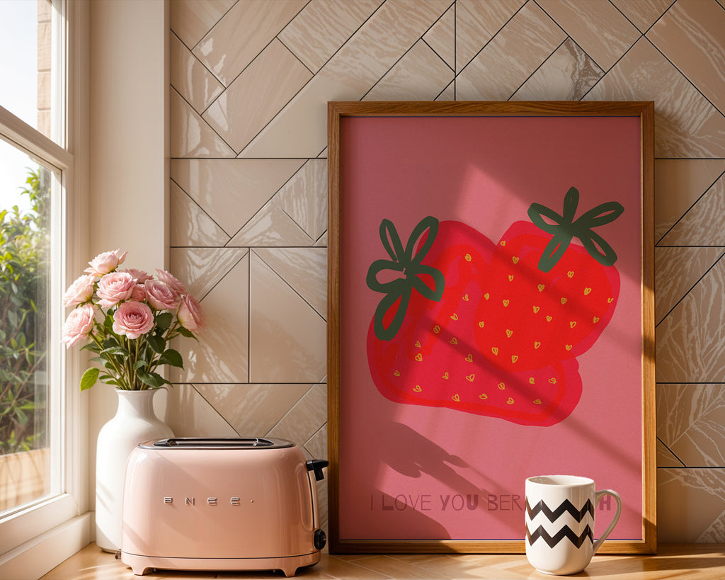 Retro Erdbeeren Poster mit Schriftzug „I love you berry much“ – moderne Wanddeko für Küche oder Wohnzimmer
