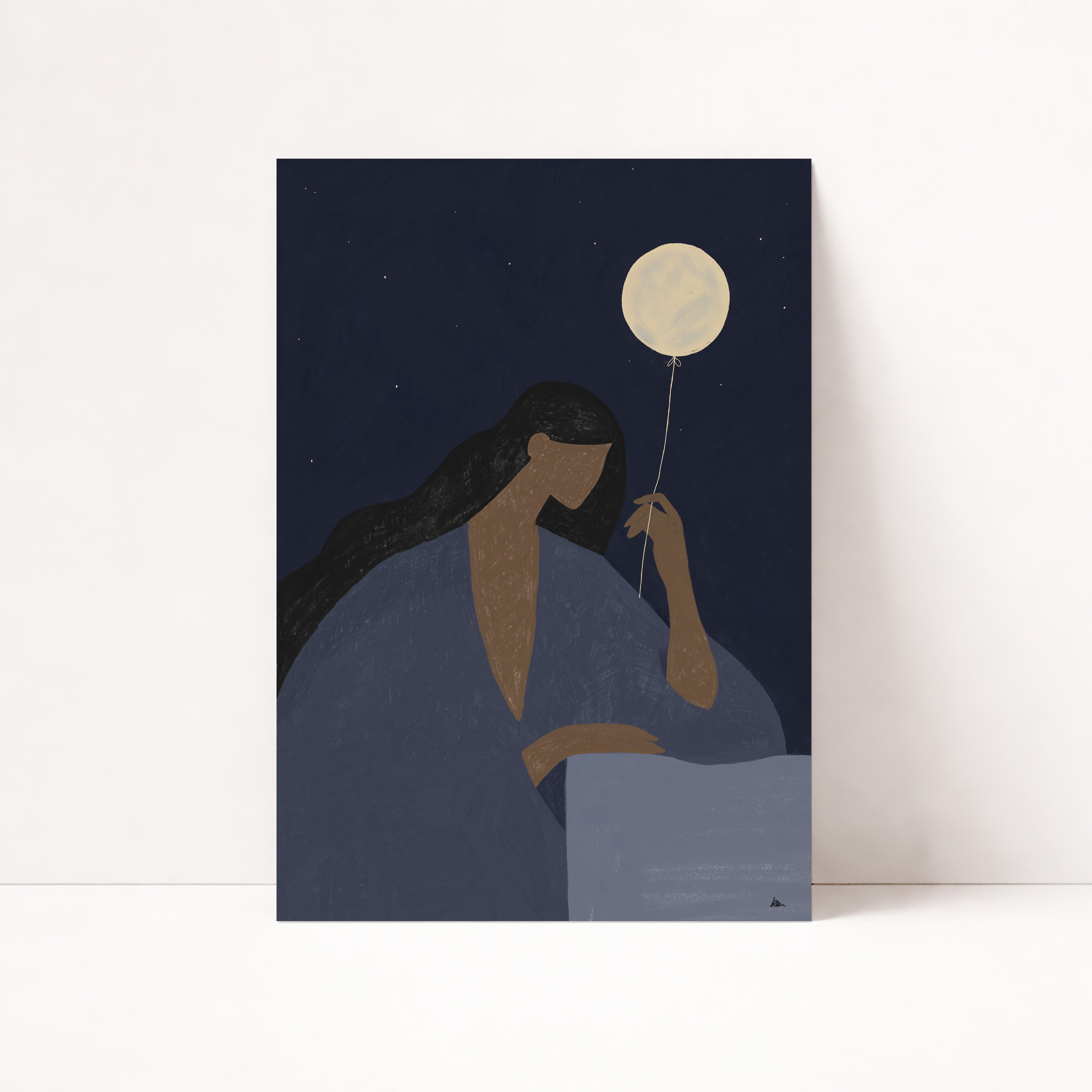Feminine Illustration mit Mondballon vor Sternenhimmel als moderne Wandkunst