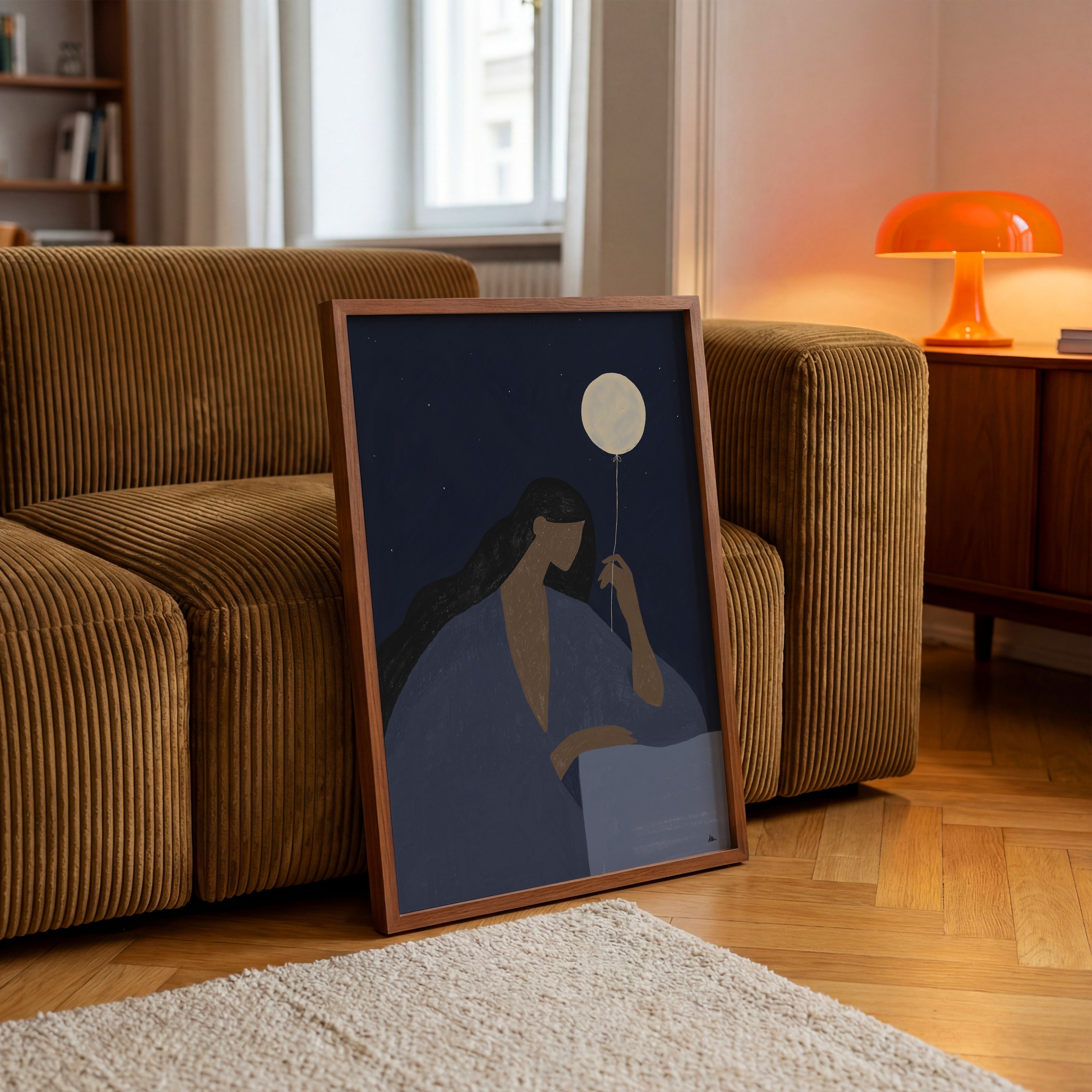 Ästhetisches Mond Wandbild mit kosmischem Motiv und sanften Blautönen