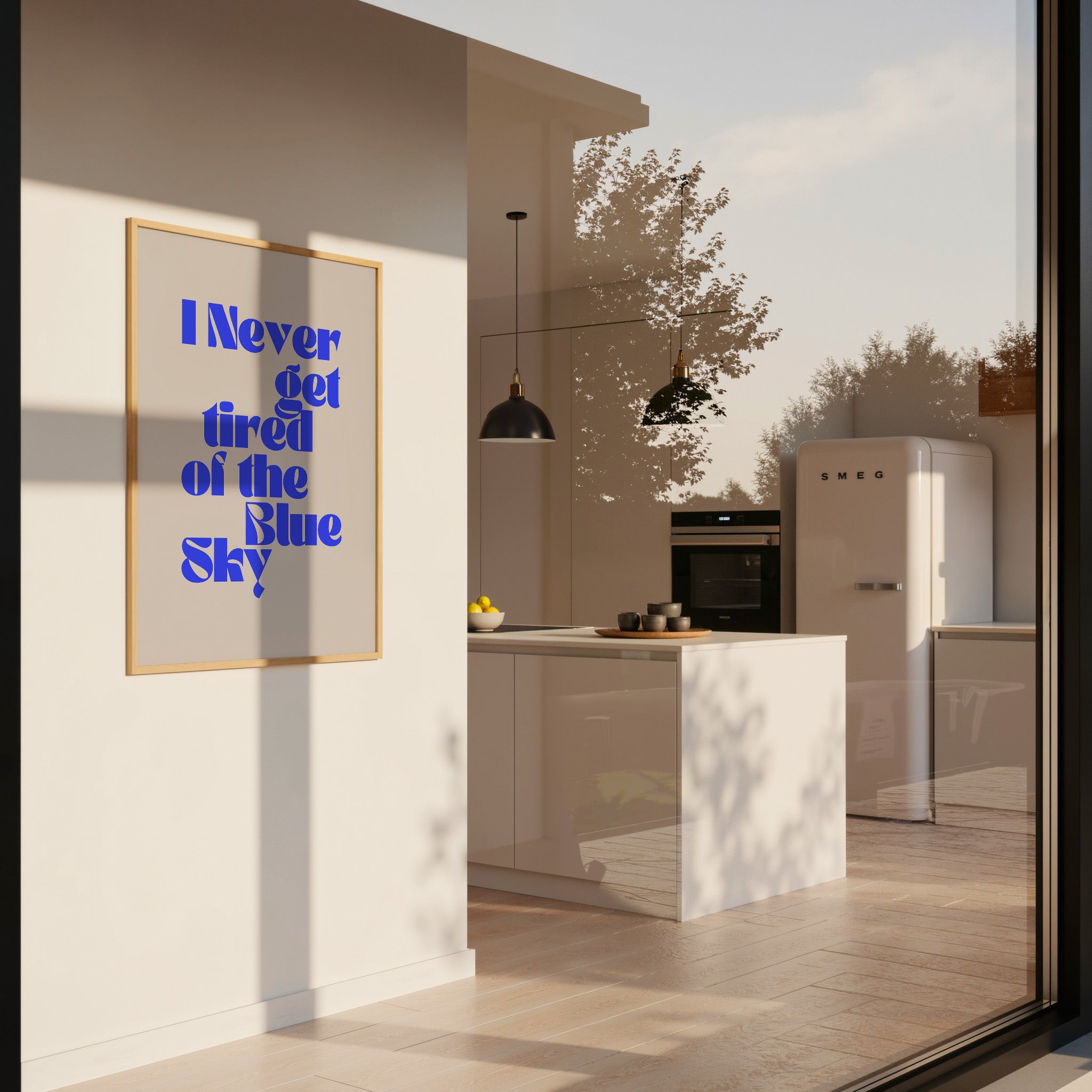 Modernes Typografie Poster mit blauem Schriftzug und minimalistischem Design – stilvolle Wanddeko für Wohnzimmer