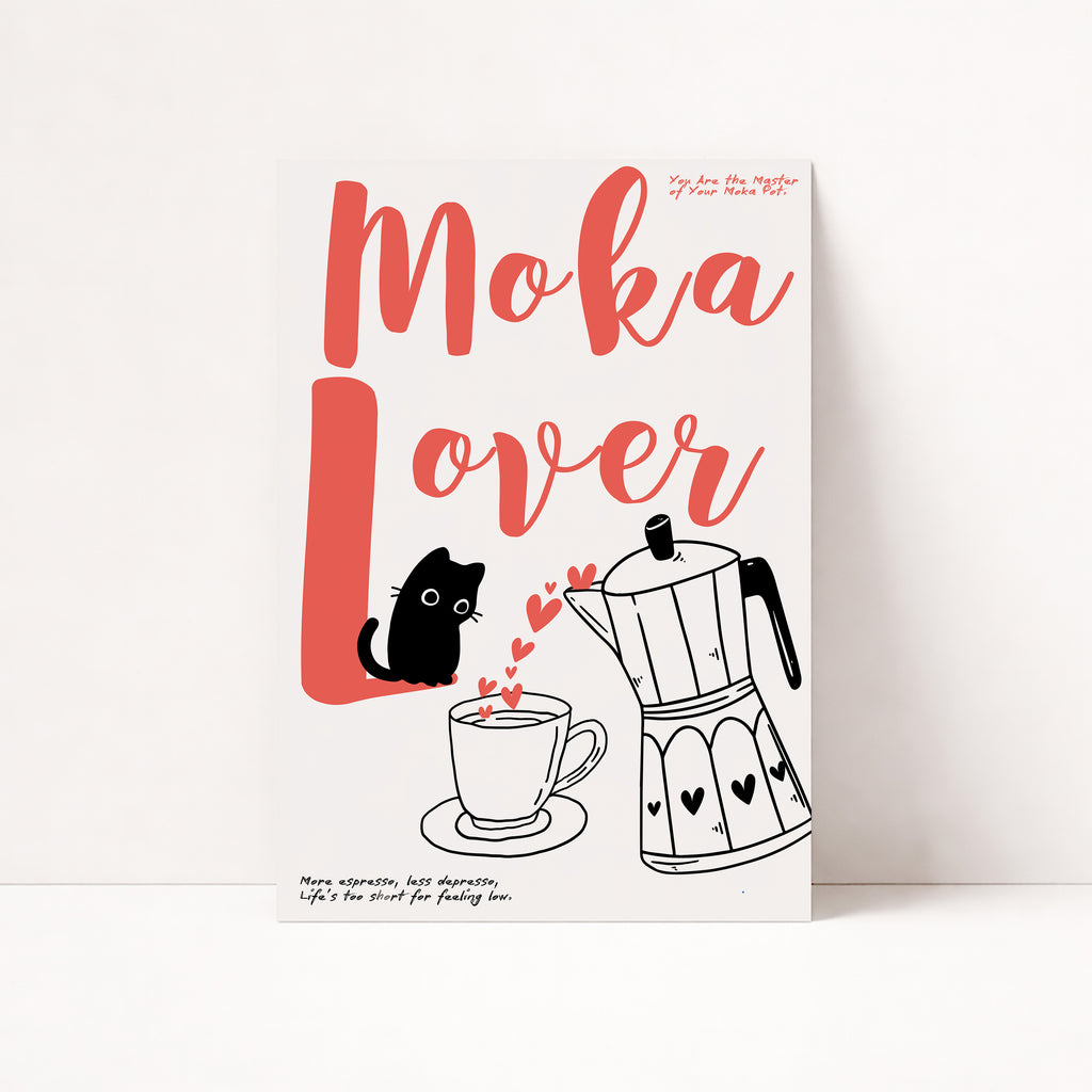 Mocha Lover Poster mit Mokka Kanne, Kaffeetasse und Katze im Retro Illustrationsstil