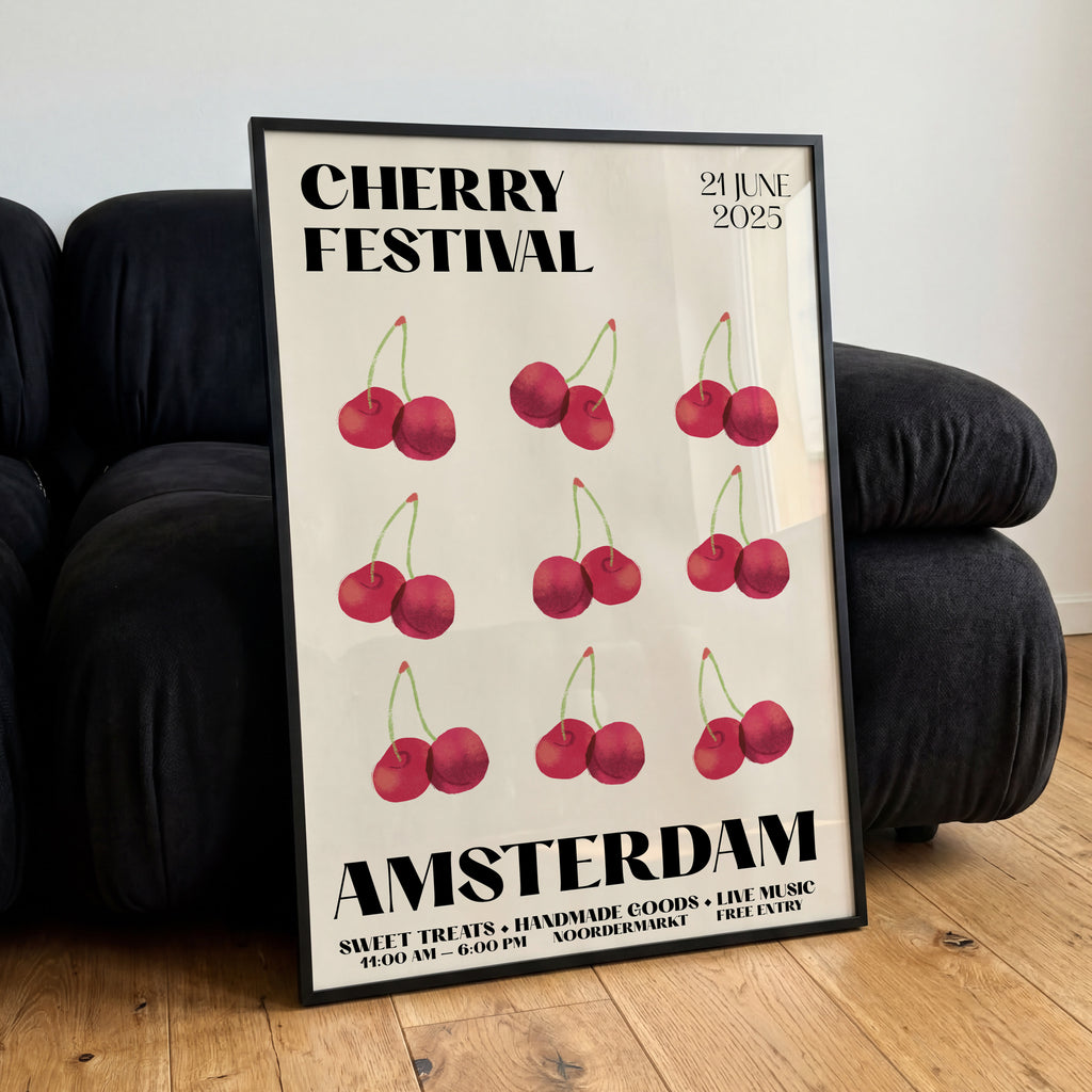 Modernes Cherry Festival Poster mit Kirschillustrationen im Retro Stil für Wohnzimmer oder Küche