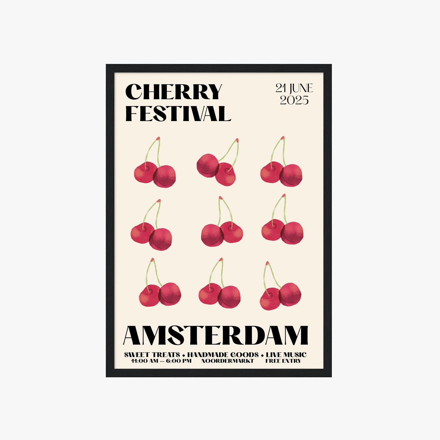 Modernes Cherry Festival Poster mit Kirschillustrationen im Retro Stil für Wohnzimmer oder Küche