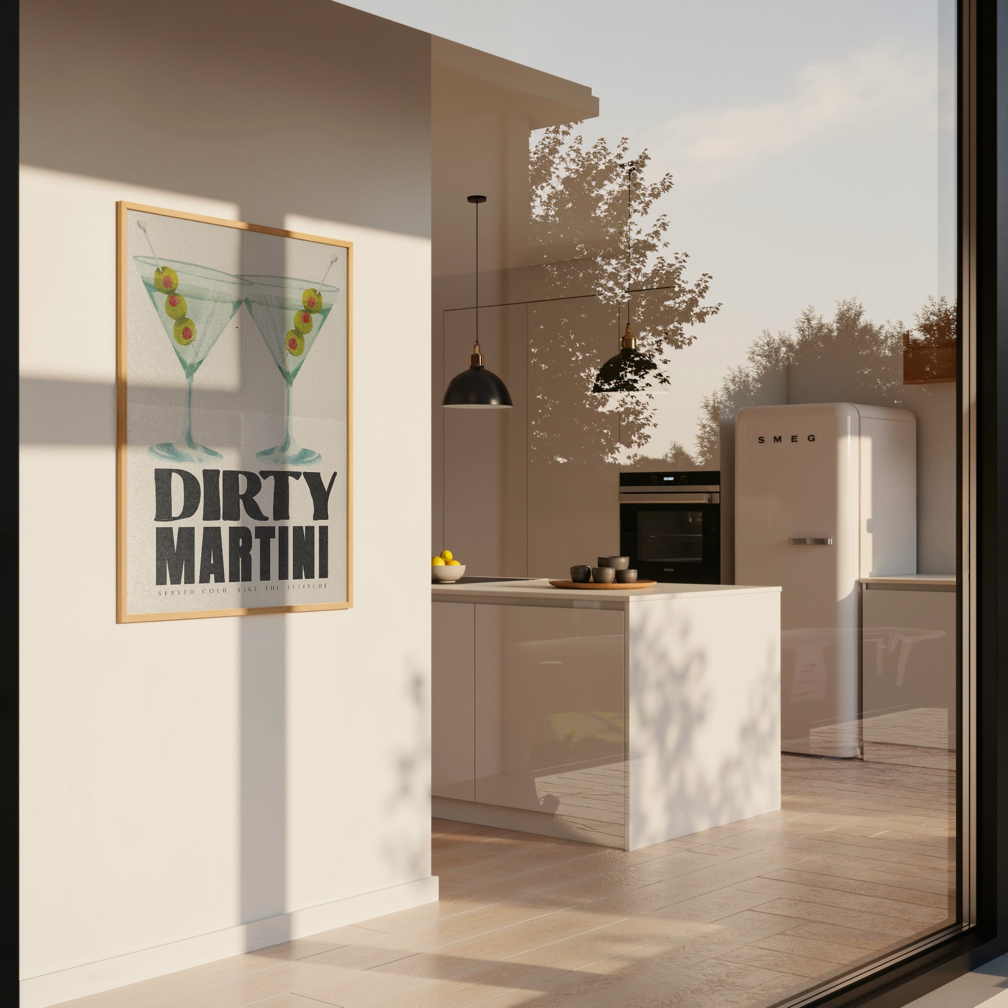 Modernes Dirty Martini Poster mit Cocktail Illustration und Retro Typografie für Home Bar
Stilvolles Martini Wandbild mit grünen Oliven im minimalistischen Vintage Design
Cocktail Poster im Mid Century Stil für Küche, Barwagen oder Wohnzimmer