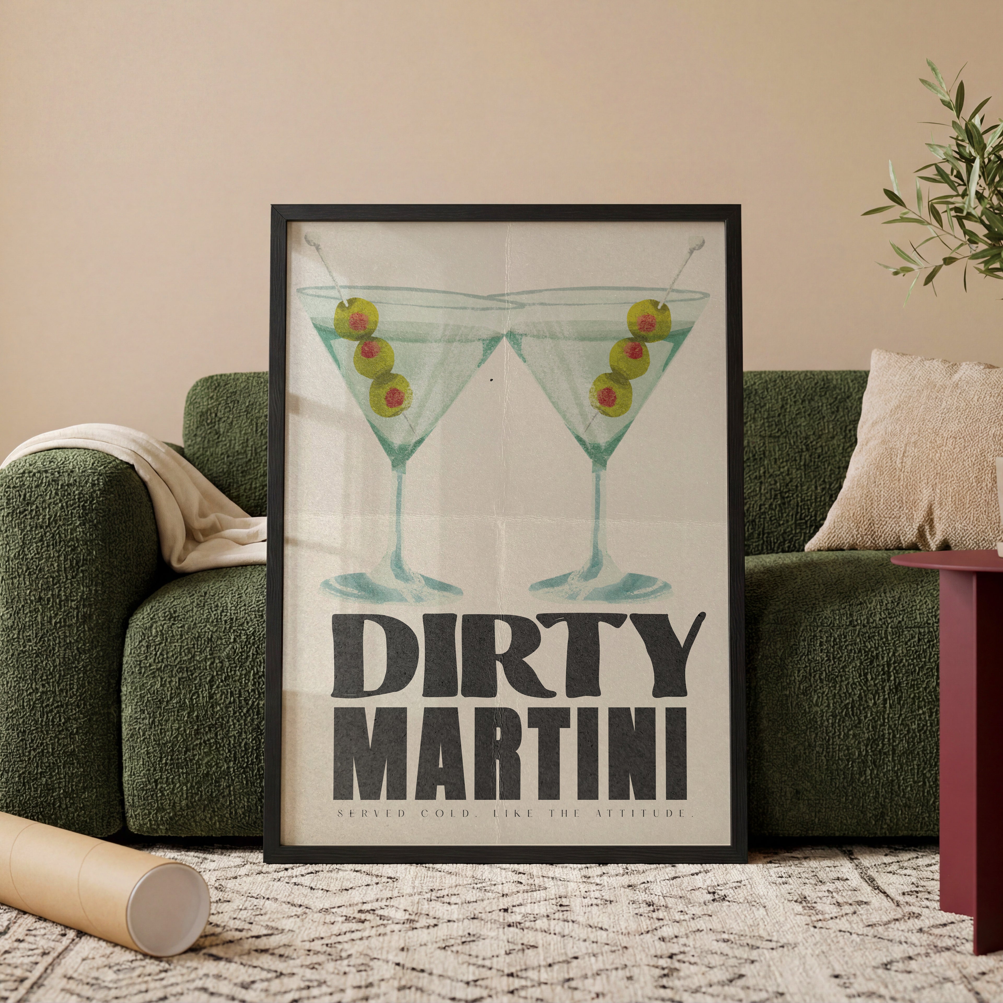 Modernes Dirty Martini Poster mit Cocktail Illustration und Retro Typografie für Home Bar
Stilvolles Martini Wandbild mit grünen Oliven im minimalistischen Vintage Design
Cocktail Poster im Mid Century Stil für Küche, Barwagen oder Wohnzimmer