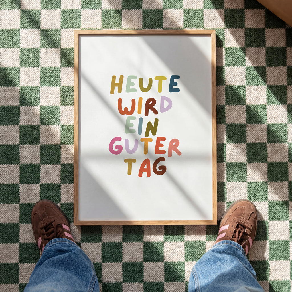 Farbenfrohes Typografie Poster mit dem Spruch Heute wird ein guter Tag – moderne Wanddeko für Wohnzimmer

Motivierendes Wandbild mit bunter Typografie und positiver Botschaft – stilvoller Kunstdruck für moderne Räume