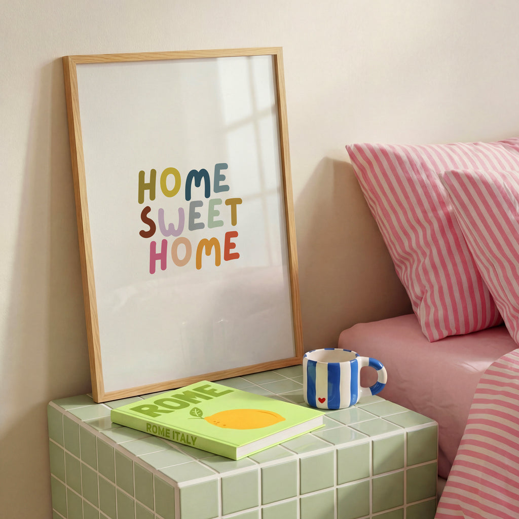 Home Sweet Home Poster mit farbenfroher Typografie – moderne Wanddeko für Wohnzimmer und Flur

Skandinavisches Typografie Poster mit Home Sweet Home Schriftzug – stilvolle Wandkunst für Zuhause