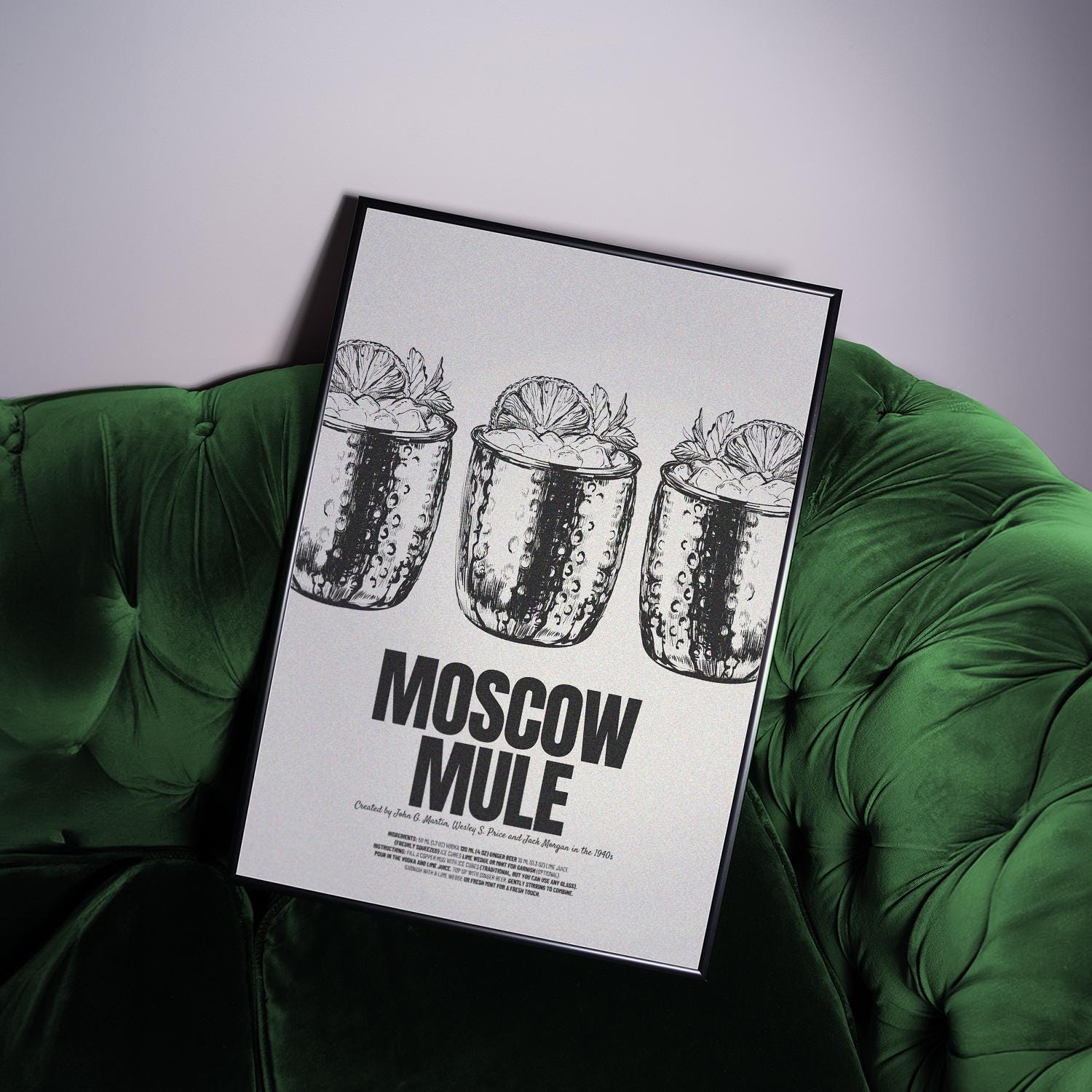 Moscow Mule Poster | Pencil Sketch with Classic Recipe | Black & White Wall Decor for Bar, Kitchen or Living Room | Gift for Cocktail Lovers