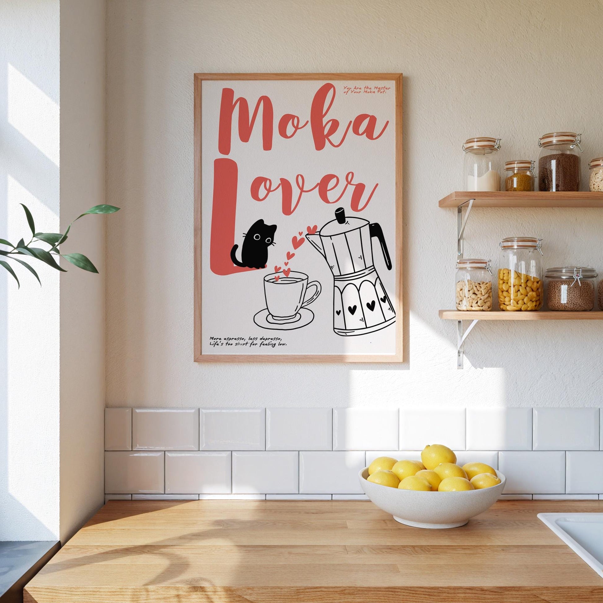 Moka Poster I – &quot;Moka Lover with Cat&quot; with Elegant Line Art of Moka Pot – A Perfect Addition for Coffee Lovers and Kitchen Decor