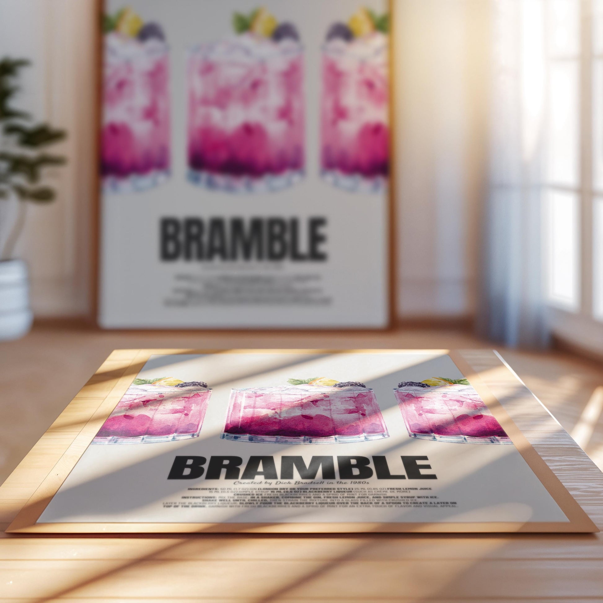 For all cocktail fans and design lovers: This minimalist poster combines cool, hand-drawn glasses in a detailed pencil sketch with a classic BRAMBLE recipe underneath. The colorful glasses look super stylish on the wall - whether in your home bar, kitchen or living room.
