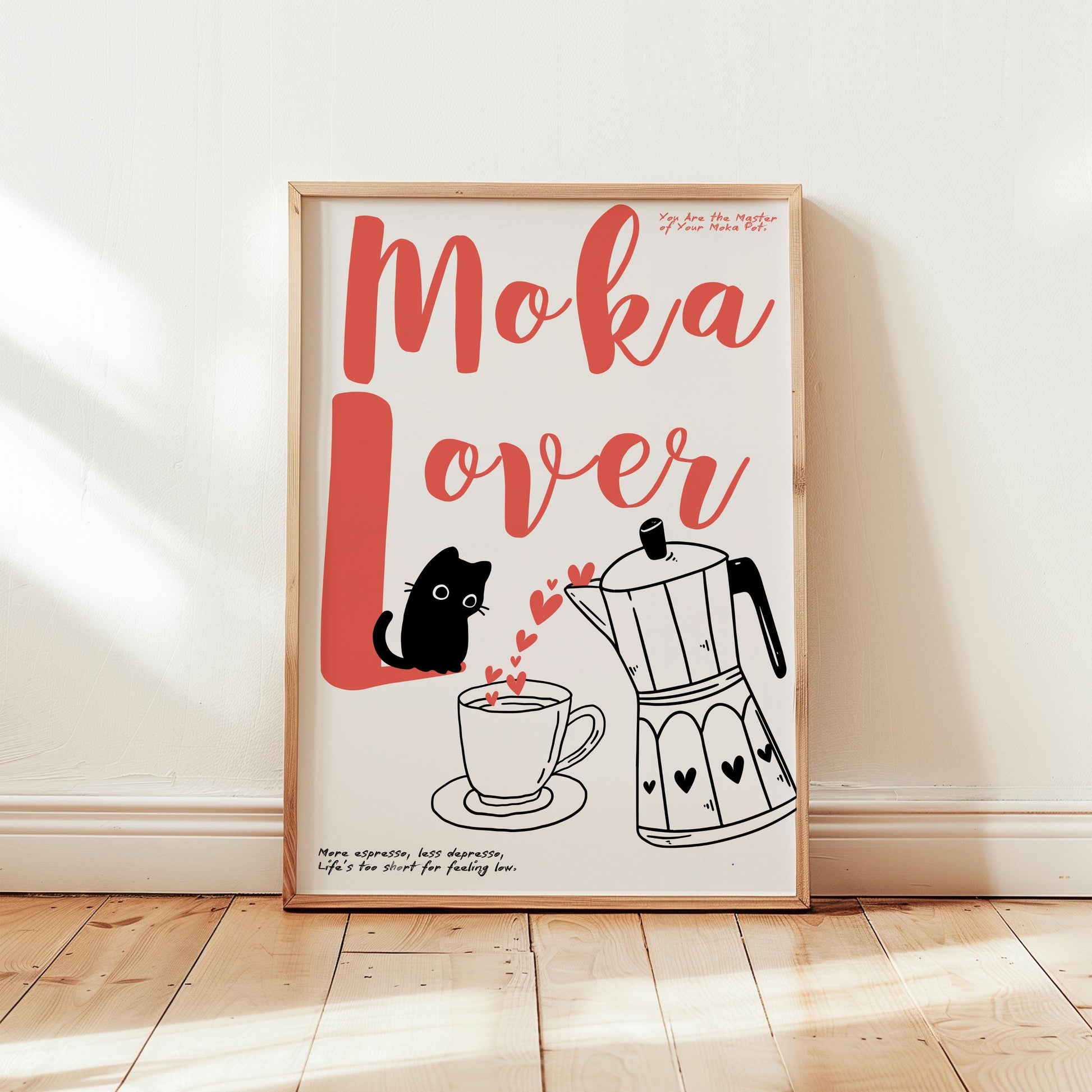 Moka Poster I – &quot;Moka Lover with Cat&quot; with Elegant Line Art of Moka Pot – A Perfect Addition for Coffee Lovers and Kitchen Decor
